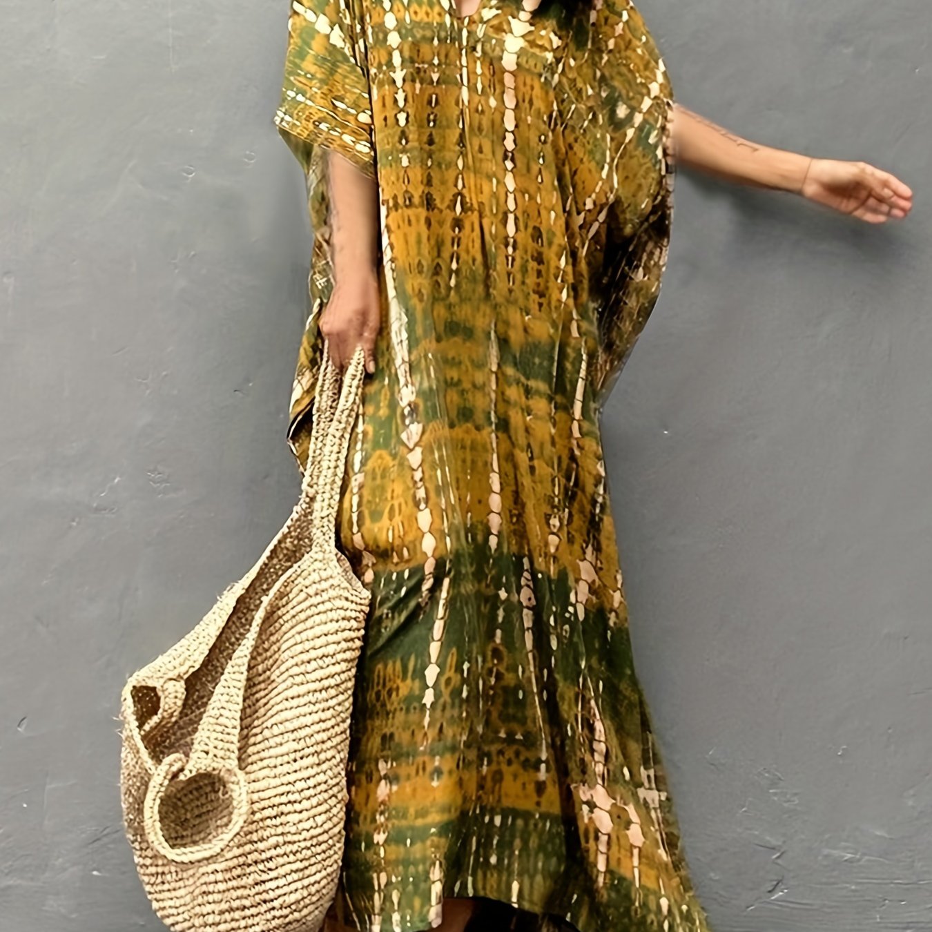 vlovelaw V Neck Oversized Kaftan Dress, Bohemian Loose Beach Vacation Dress, Women's Clothing
