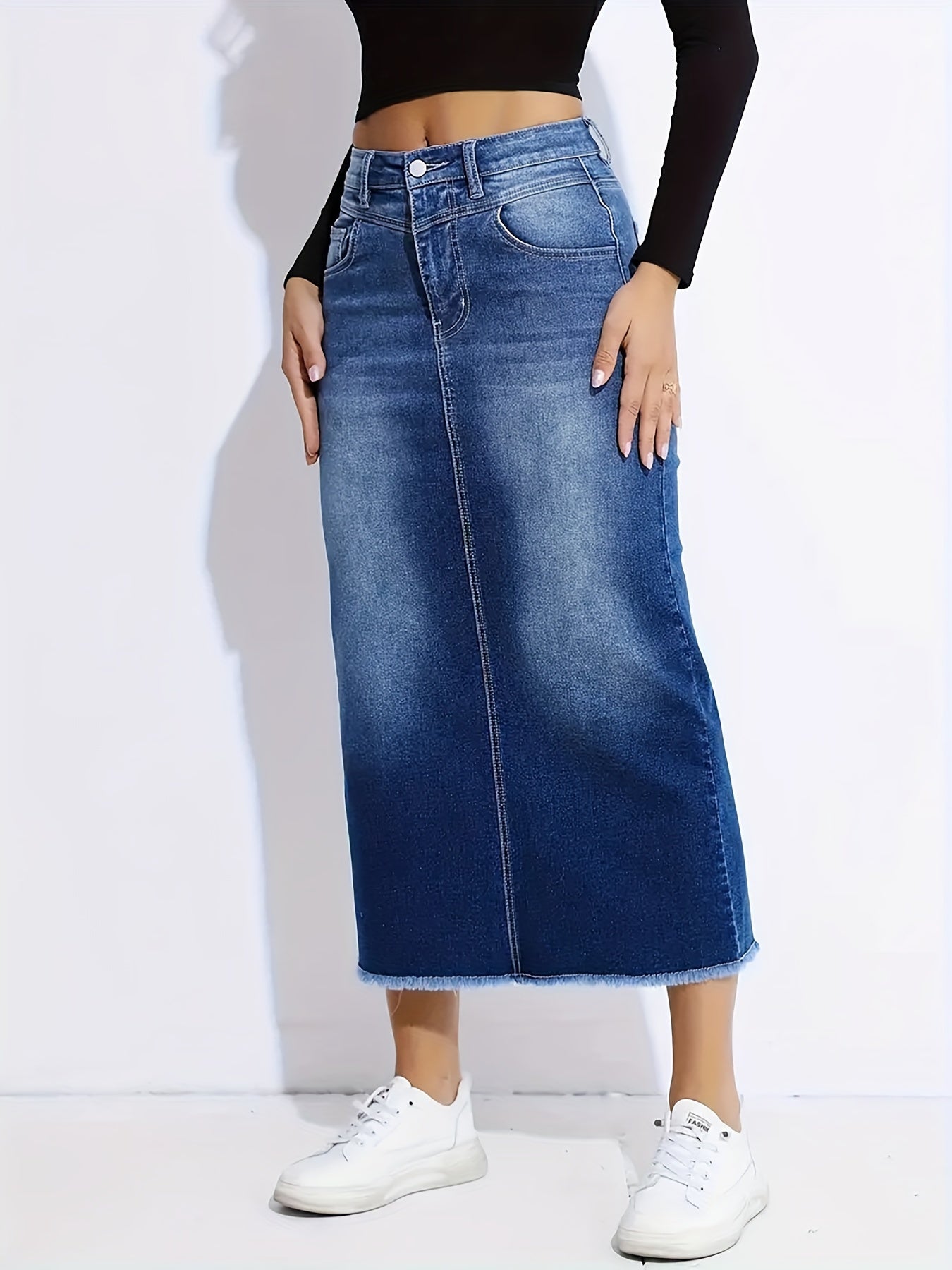 Blue Raw Hem Denim Skirt, High-Stretch Slant Pockets Split Back Denim Midi Skirt, Women's Denim Clothing