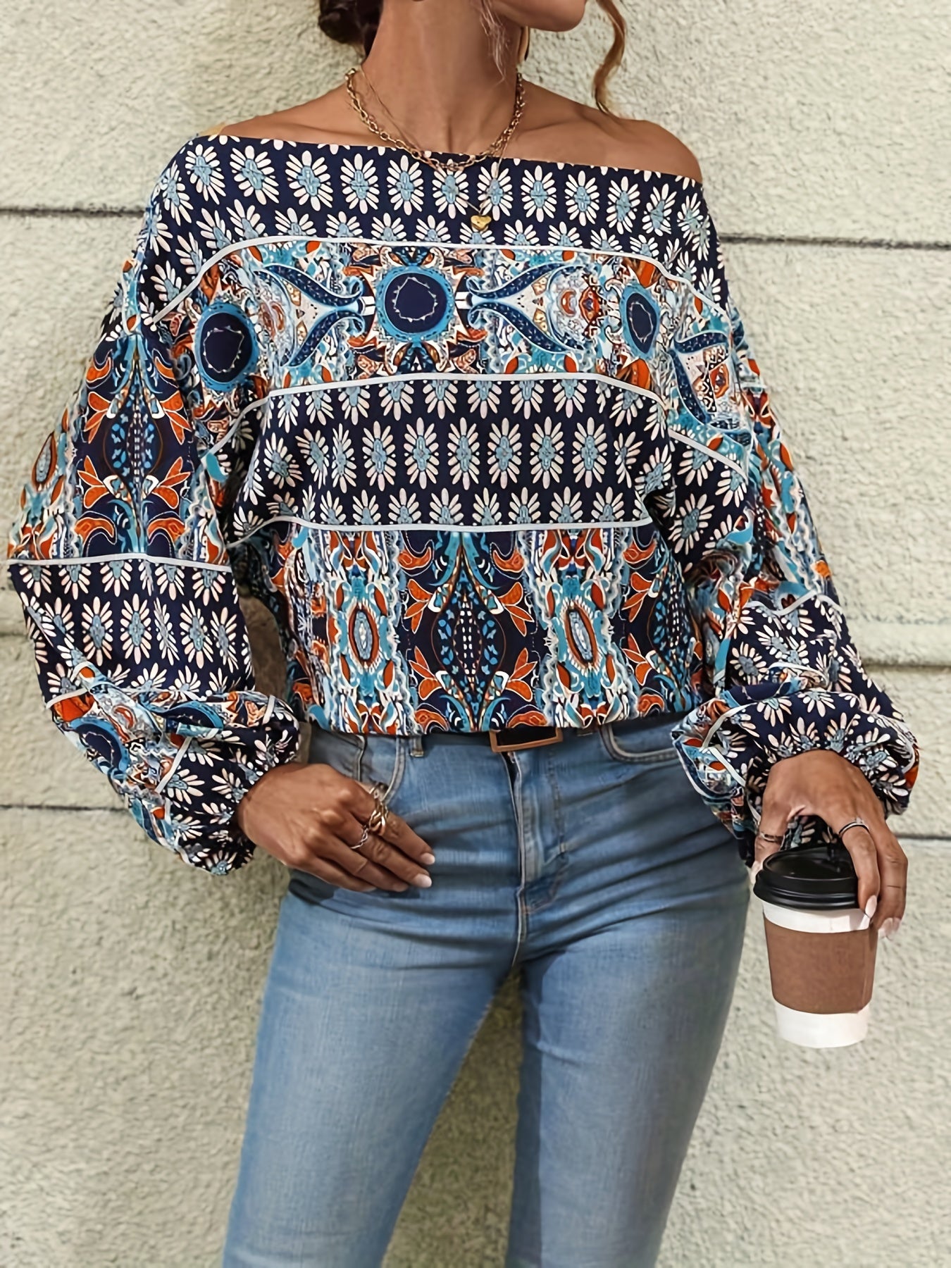 vlovelaw Ethnic Graphic Print Blouse, Casual Off Shoulder Long Sleeve Blouse, Women's Clothing