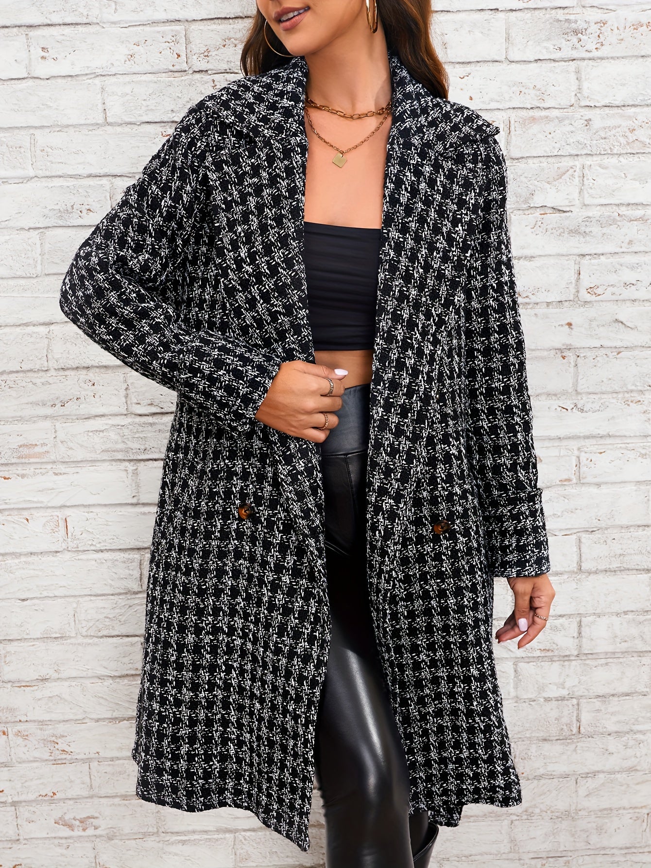 Houndstooth Pattern Double Breasted Overcoat, Elegant Lapel Long Sleeve Outerwear, Women's Clothing