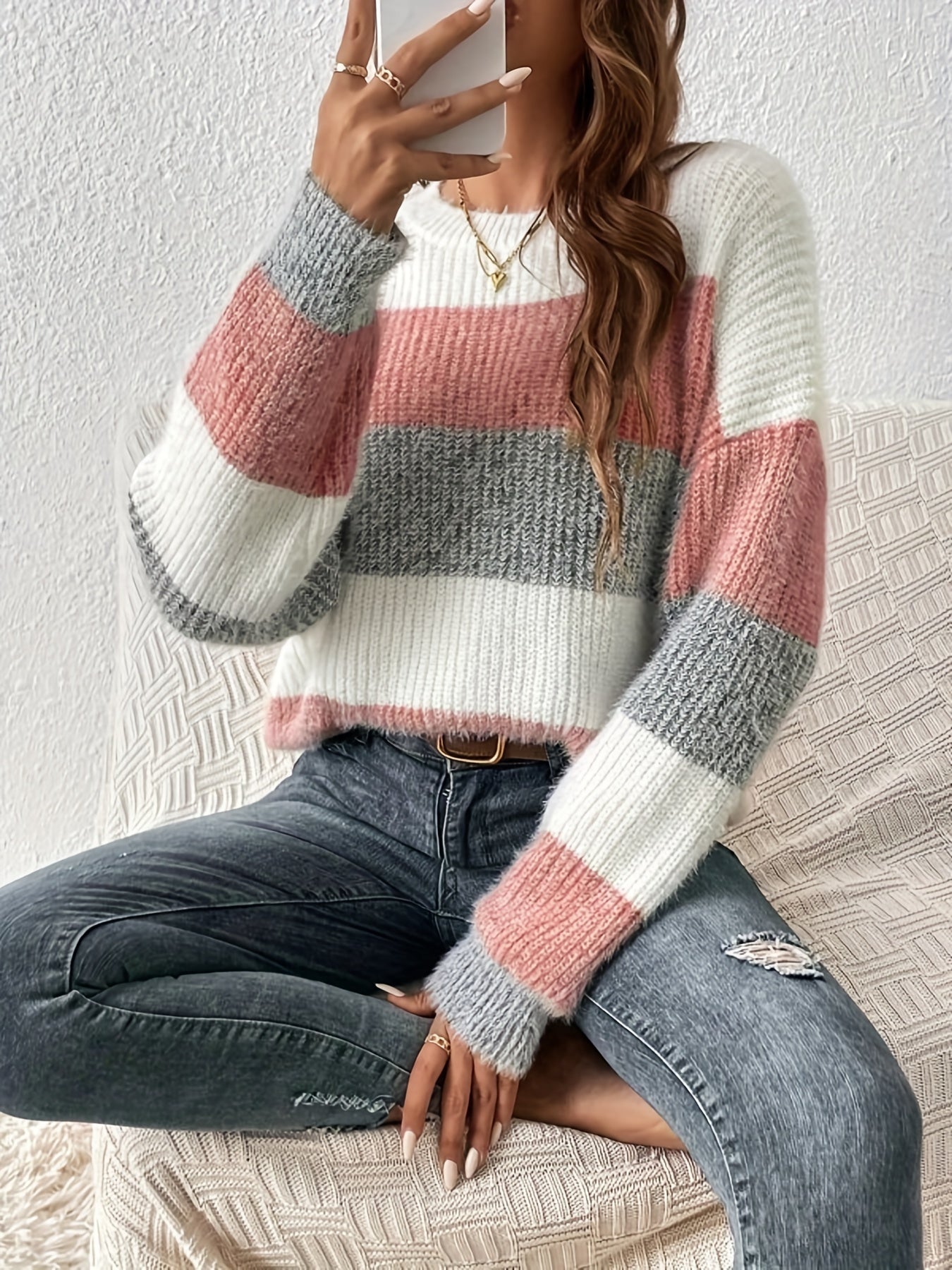 Color Block Crew Neck Pullover Sweater, Casual Long Sleeve Sweater For Fall & Winter, Women's Clothing