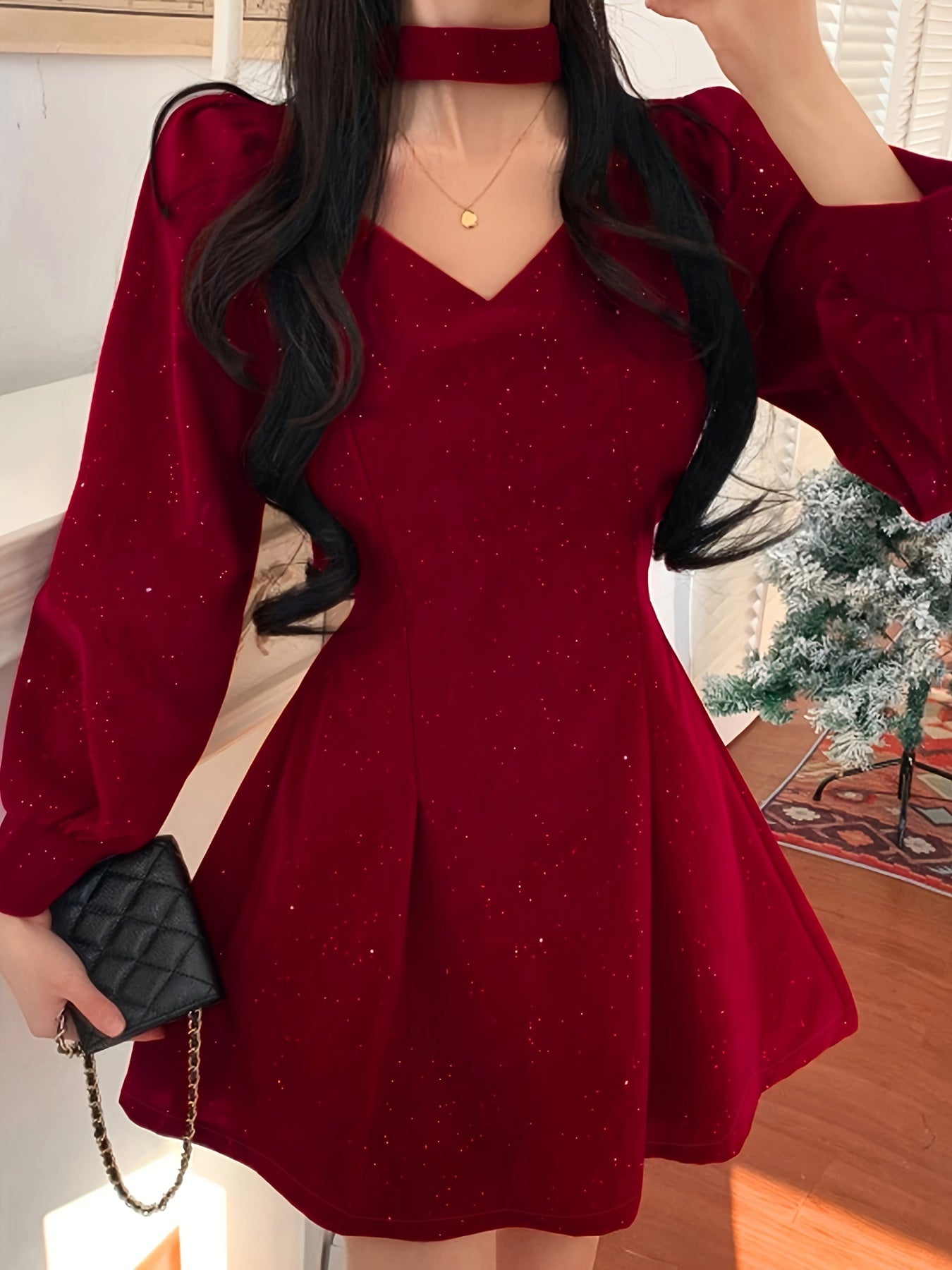 vlovelaw Bow Decor Cut Out Dress, Chic Long Sleeve A-line Dress, Women's Clothing