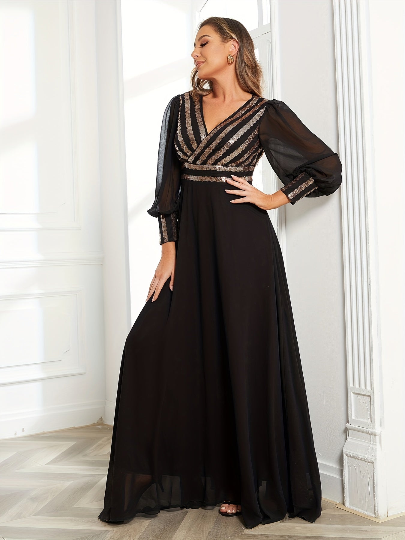 Elegant Striped Sequined Surplice Neck Dress, Sleeveless Ankle Dress For Party & Banquet, Women's Clothing