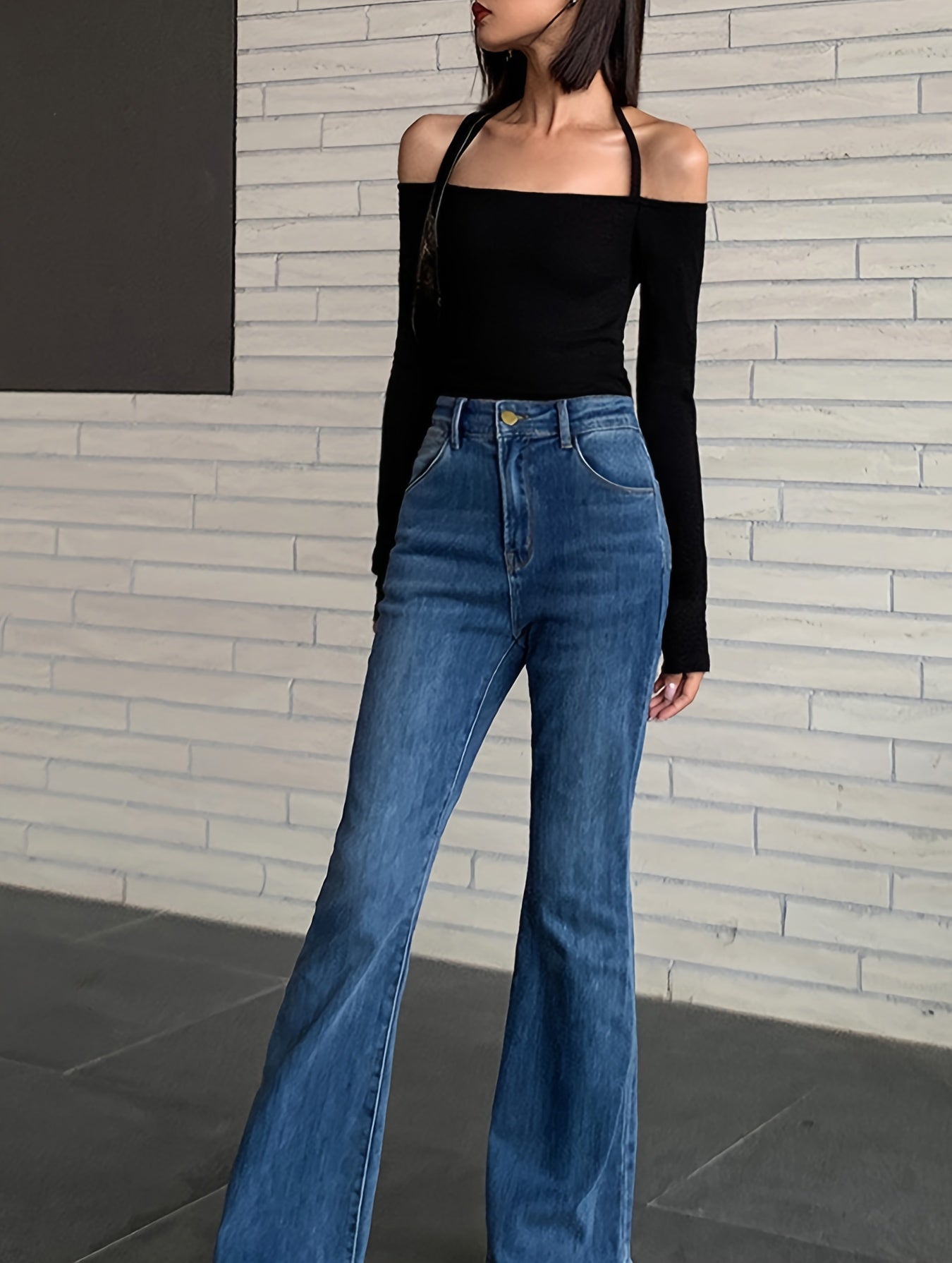 Halter Neck Solid T-Shirt, Casual Long Sleeve Top For Spring, Women's Clothing