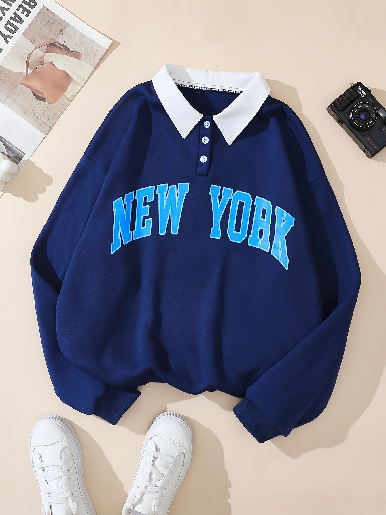 Letter Print Polo Collar Sweatshirt, Casual Long Sleeve Sweatshirt For Spring & Fall, Women's Clothing