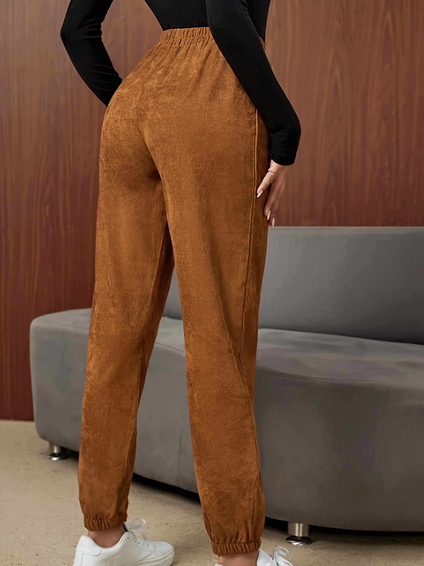 vlovelaw Solid High Waist Pants, Casual Elastic Waist Carrot Pants, Women's Clothing