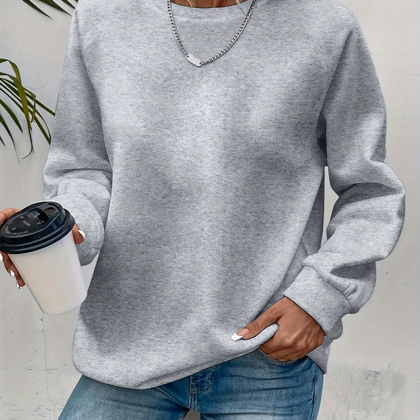 vlovelaw Classical Solid Color Fashion Long Sleeve Sweatshirts, Women's Round Neck Pullover Sweatshirt Top