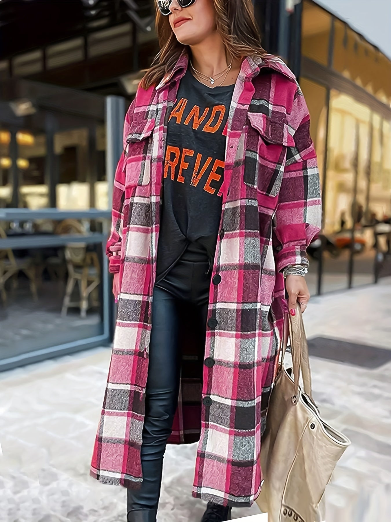 Plaid Single Breasted Overcoat, Versatile Long Sleeve Flap Pockets Longline Coat, Women's Clothing