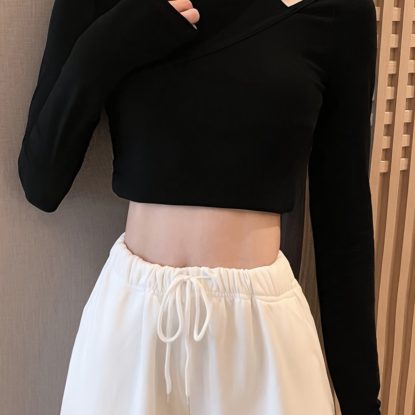 Solid Cut Out T-Shirt, Casual Long Sleeve Crop Top, Women's Clothing