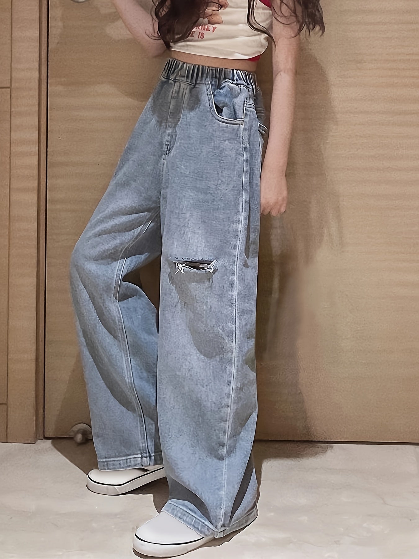 Kids Ripped Jeans Baggy Fit Wide Leg Denim Pants For Girls Boys