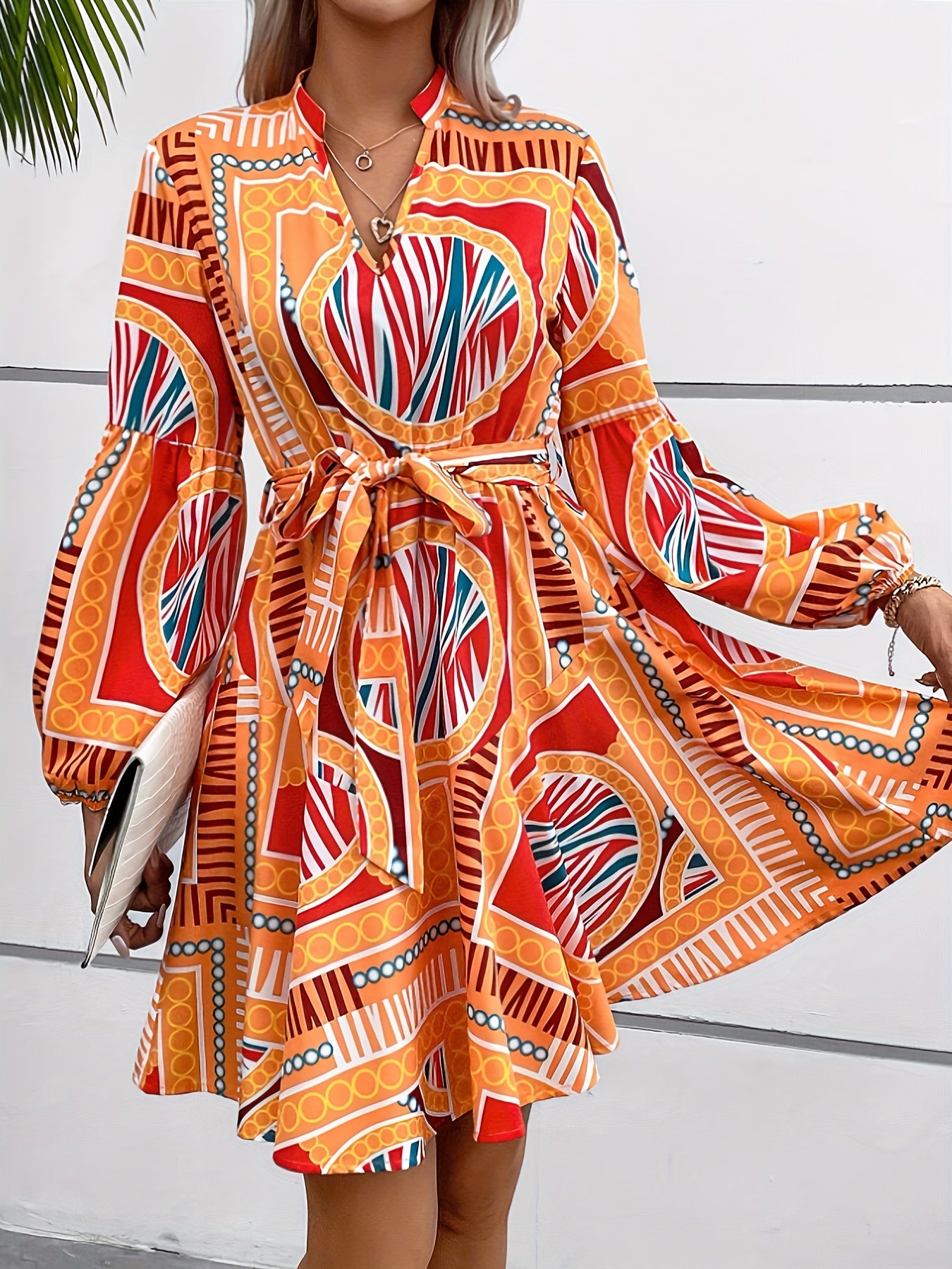 vlovelaw Allover Print V Neck Dress, Vintage Long Sleeve Belted Dress, Women's Clothing