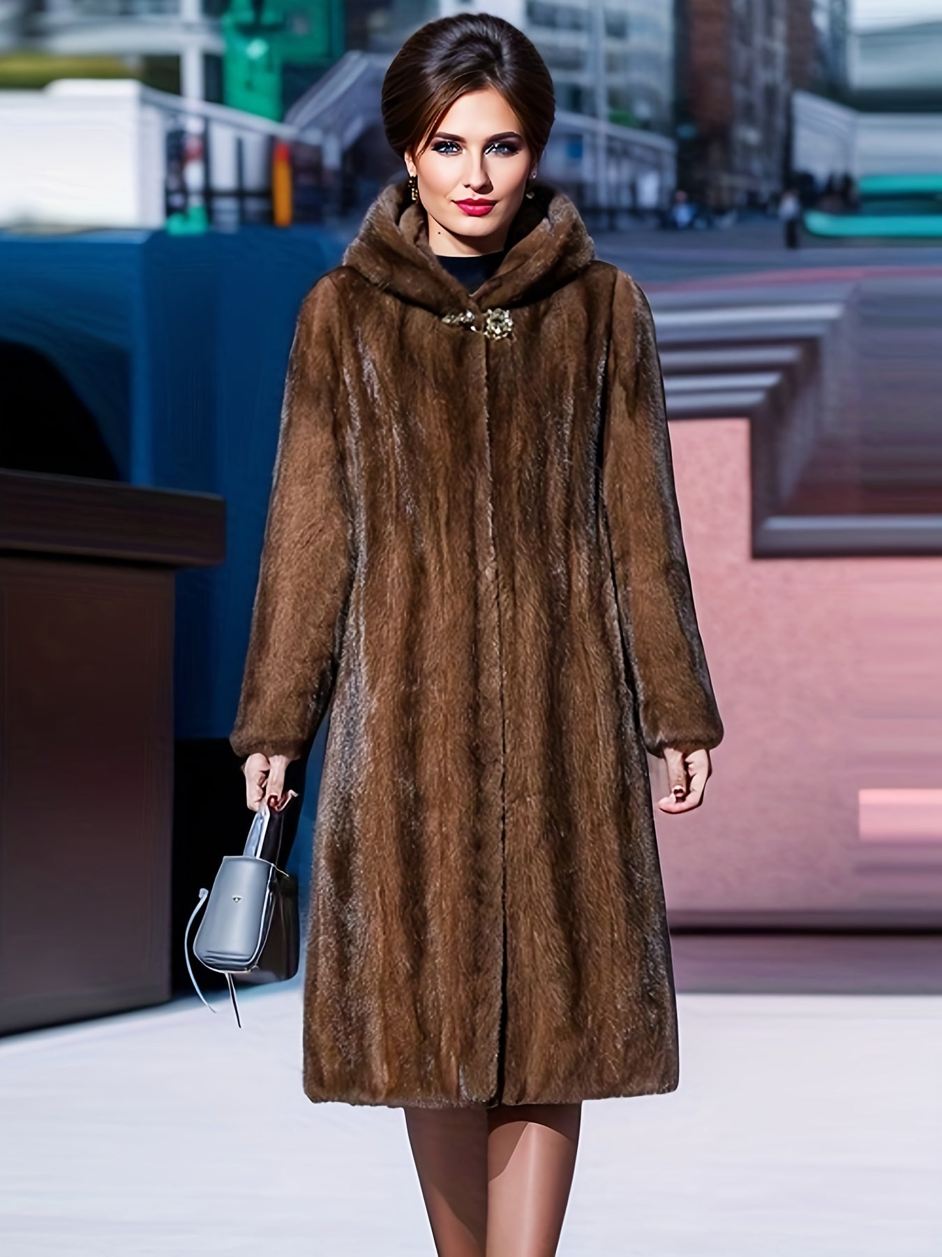 vlovelaw Open Front Faux Fur Hooded Coat, Elegant Thermal Long Sleeve Midi Coat For Winter, Women's Clothing