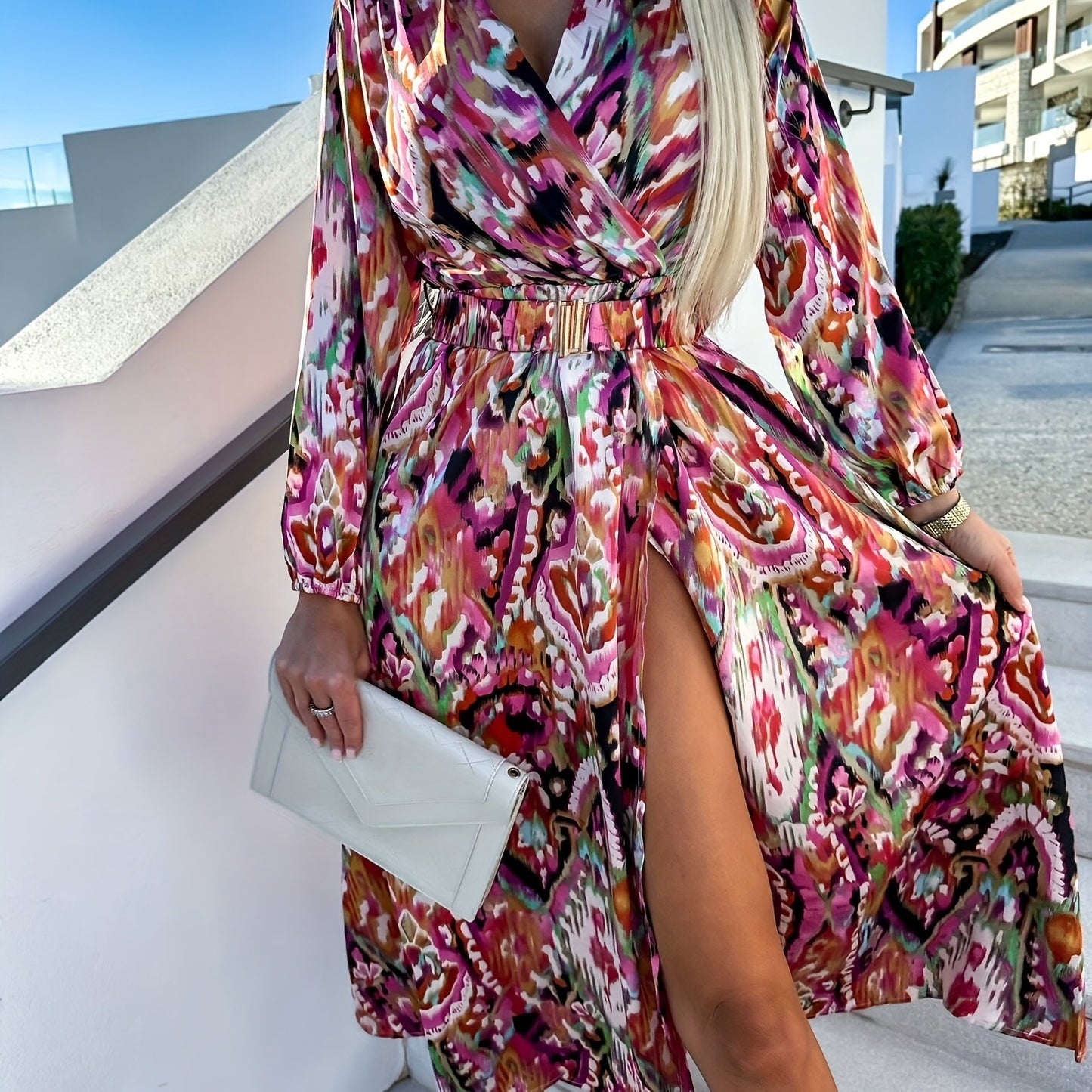 vlovelaw Long Sleeve V Neck Dress, Random Print Casual Dress For Spring & Fall, Women's Clothing