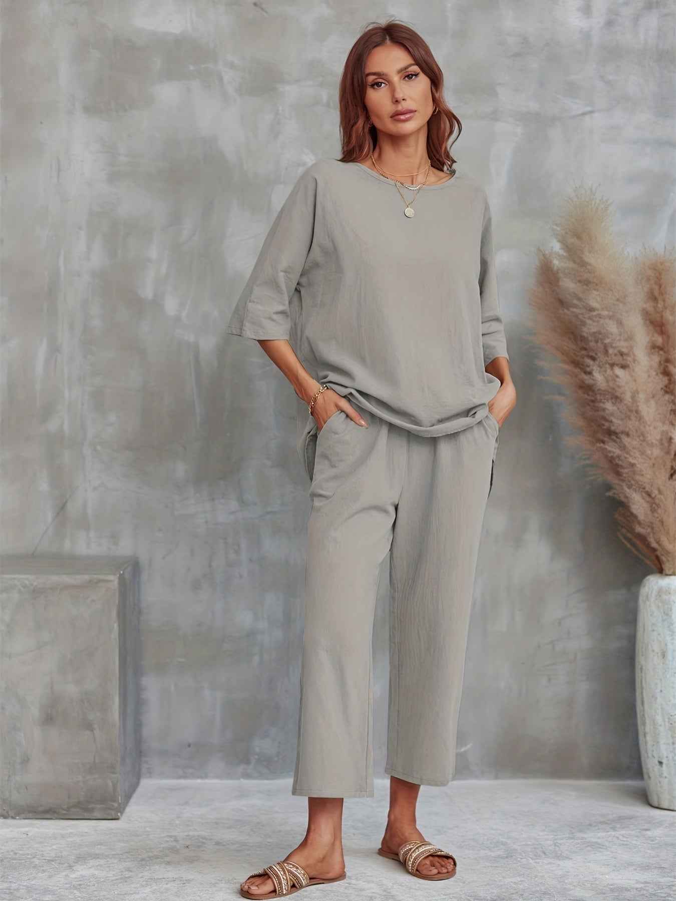 vlovelaw Solid Casual Two-piece Set, Crew Neck Half Sleeve Tee & Wide Leg Pants Outfits, Women's Clothing