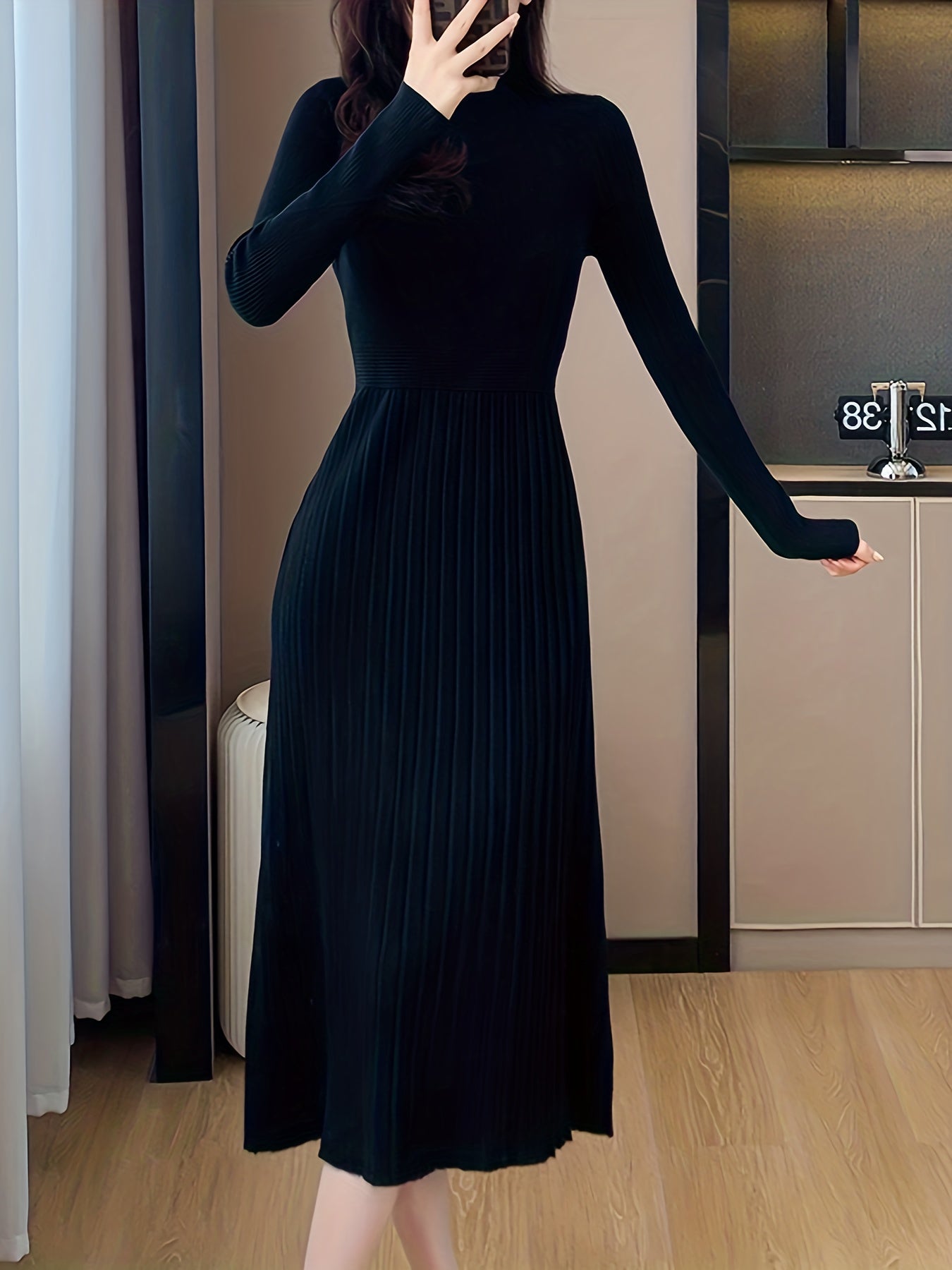 vlovelaw Ribbed Solid Midi Dress, Elegant Long Sleeve Party Dress, Women's Clothing