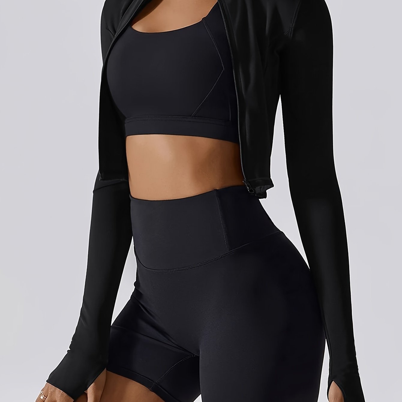 vlovelaw Solid Color Long Sleeve Thumb Hole Yoga Jacket, Casual Sports Running Top, Women's Tops