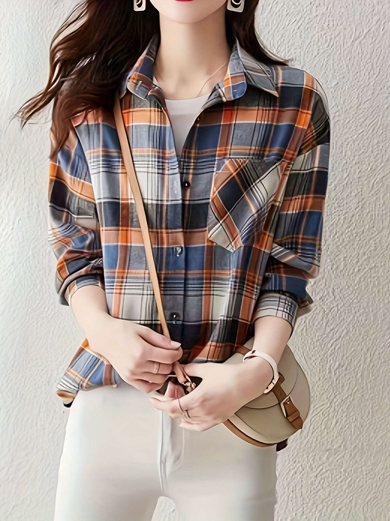 Plaid Shirt With Pocket, Long Sleeve Button Up Casual Top For Spring & Fall, Women's Clothing