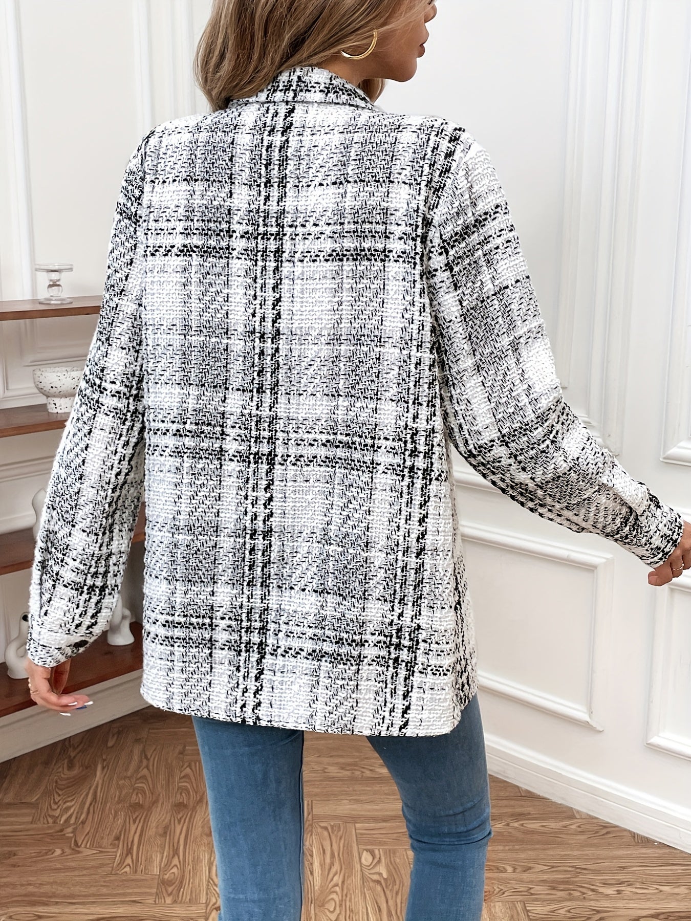 Plaid Pattern Simple Jacket, Vintage Button Front Long Sleeve Outerwear, Women's Clothing