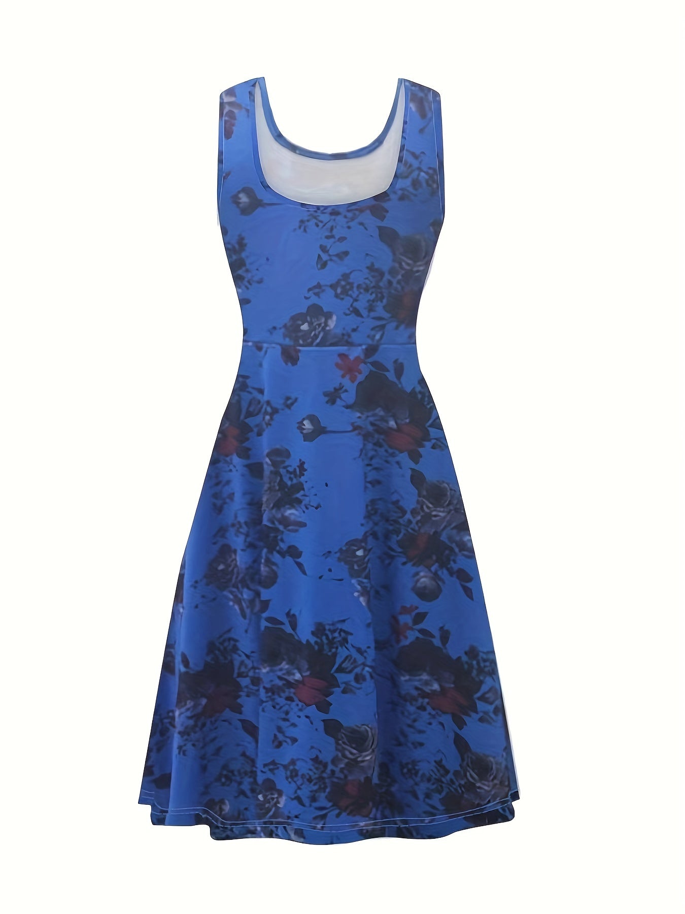 vlovelaw Plus Size Elegant Dress, Women's Plus Floral Print Round Neck Medium Stretch Tank Dress