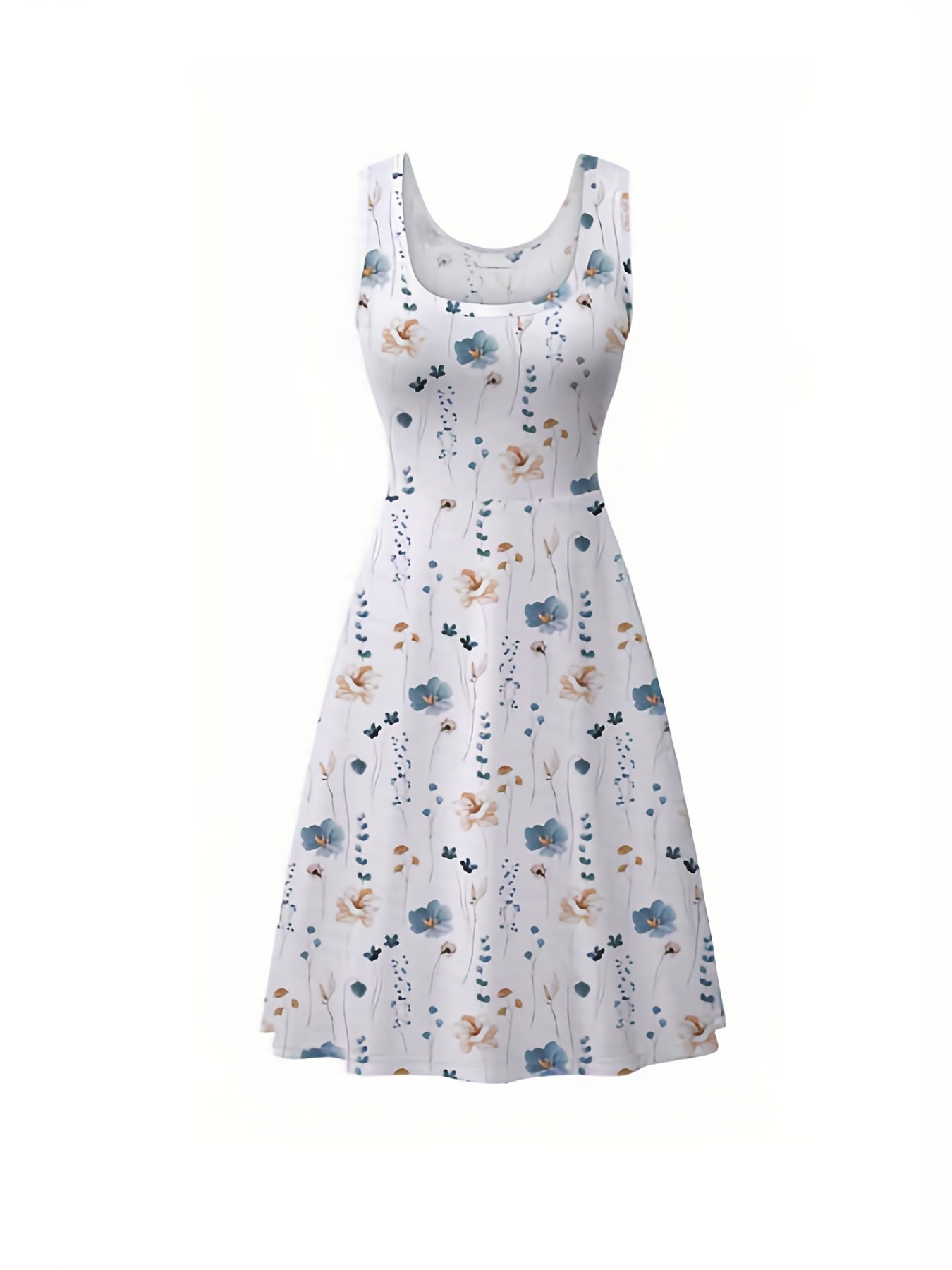 vlovelaw Plus Size Elegant Dress, Women's Plus Floral Print Round Neck Medium Stretch Tank Dress