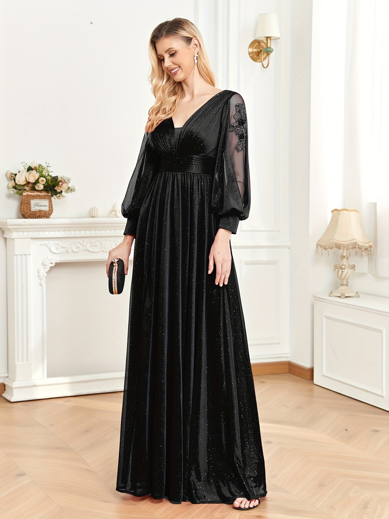 Split Hem Applique Bridesmaid Dress, Elegant Long Sleeve V-neck Dress For Wedding Party, Women's Clothing