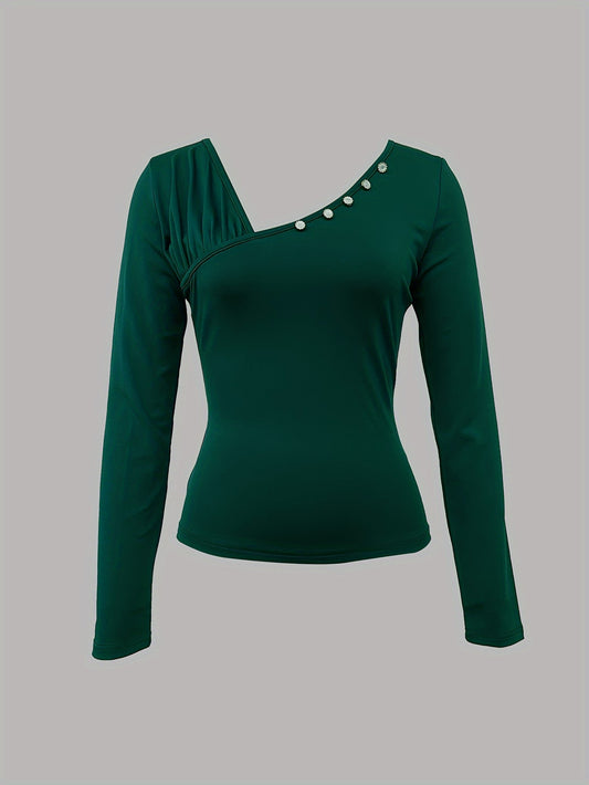 Solid Ruched Button Decor T-Shirt, Casual Long Sleeve Top For Spring & Fall, Women's Clothing