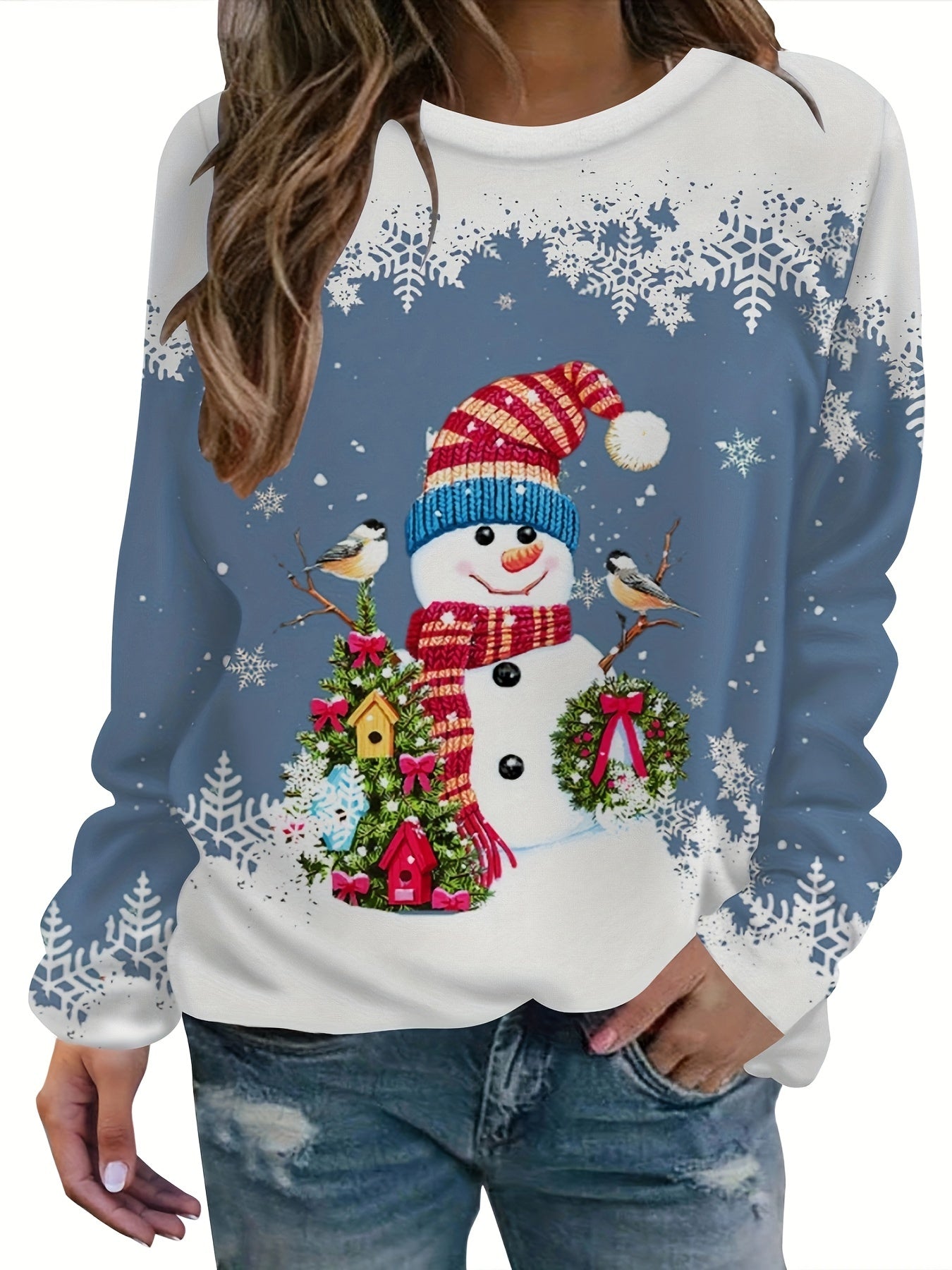 vlovelaw Christmas Snowman Printed Warm Sports Sweatshirts, Long-sleeved Round Neck Casual Sports Pullover Tops For Winter And Autumn, Women's Sporty Sweatshirts