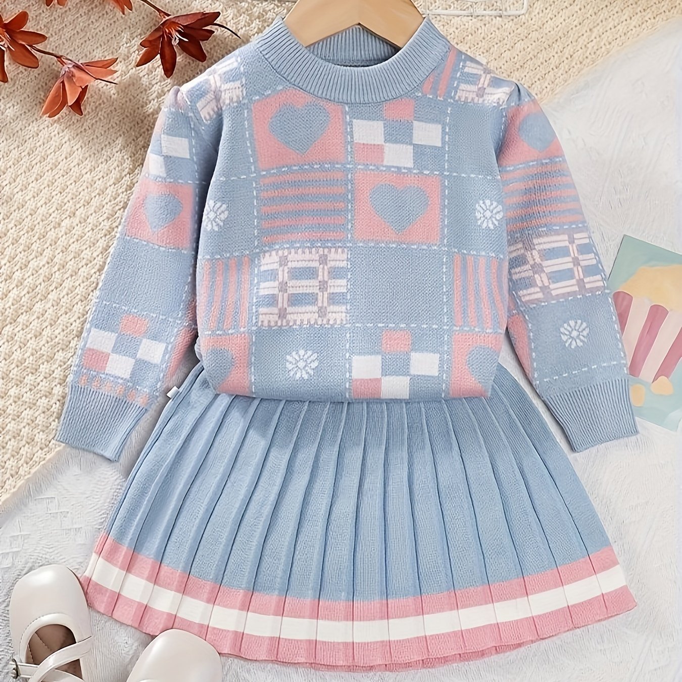 Girl's Heart Pattern Knit Sweater & Pleated Skirt Set - Cozy, Chic, and Casual Outfit for Fall to Spring
