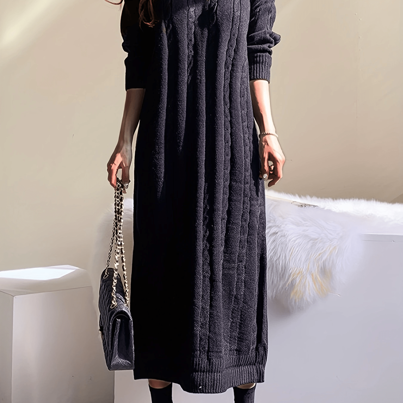 Solid Cable Knit Sweater Dress, Casual Long Sleeve Midi Dress, Women's Clothing