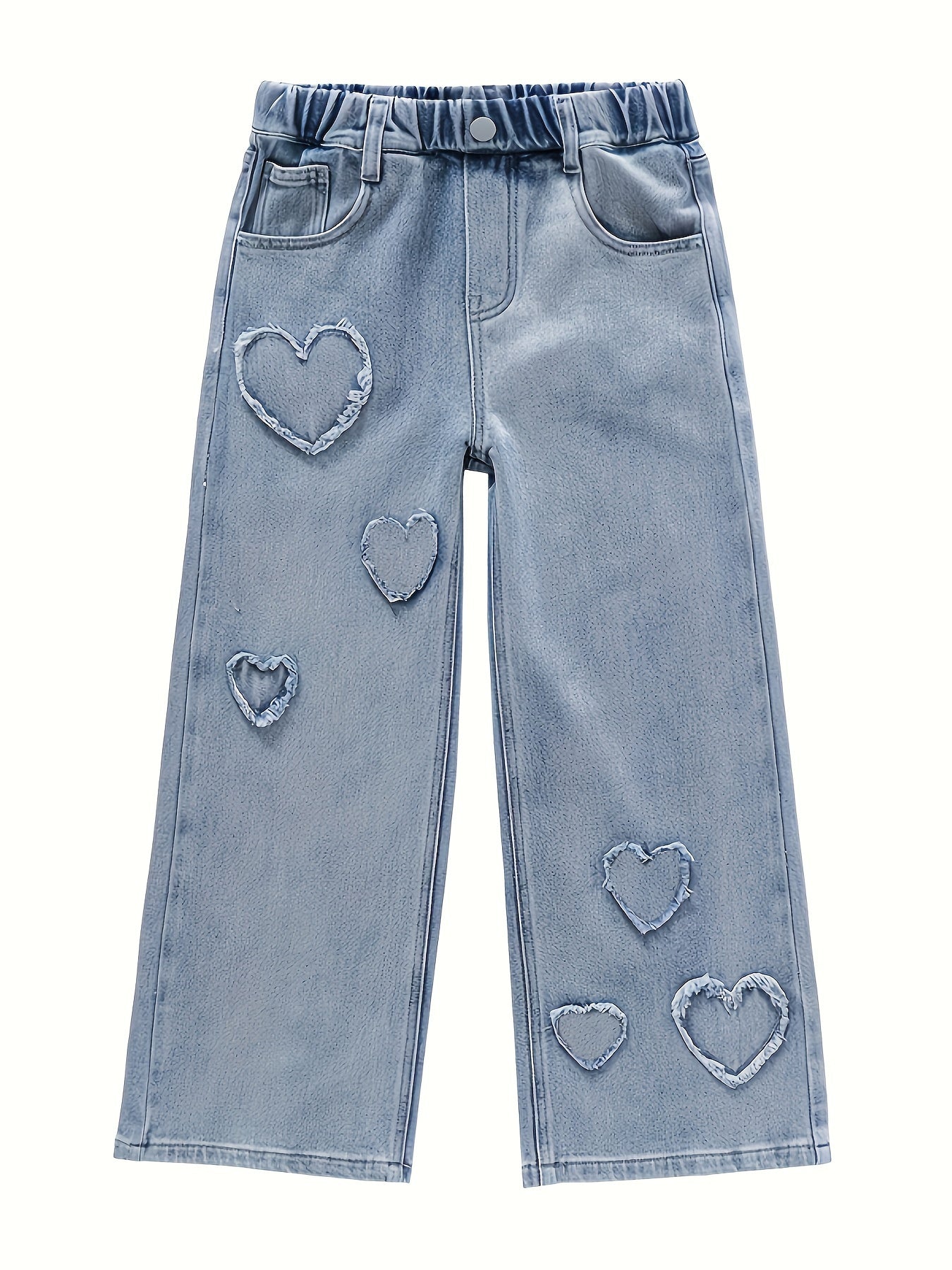 Girls Fashion High-Rise Loose Jeans Hearts Design Light Blue Denim Trousers For Street Going Out