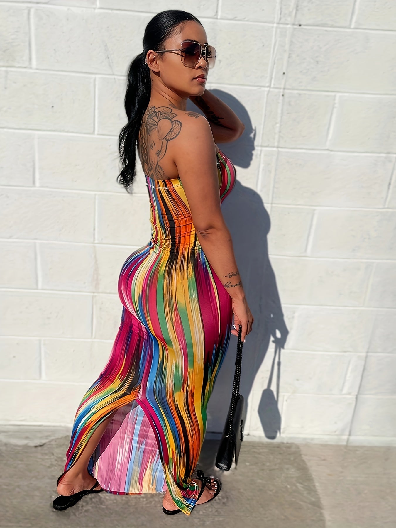 vlovelaw Colorful Printing Tube Dress, Sexy Off Shoulder Bodycon Maxi Dress, Women's Clothing
