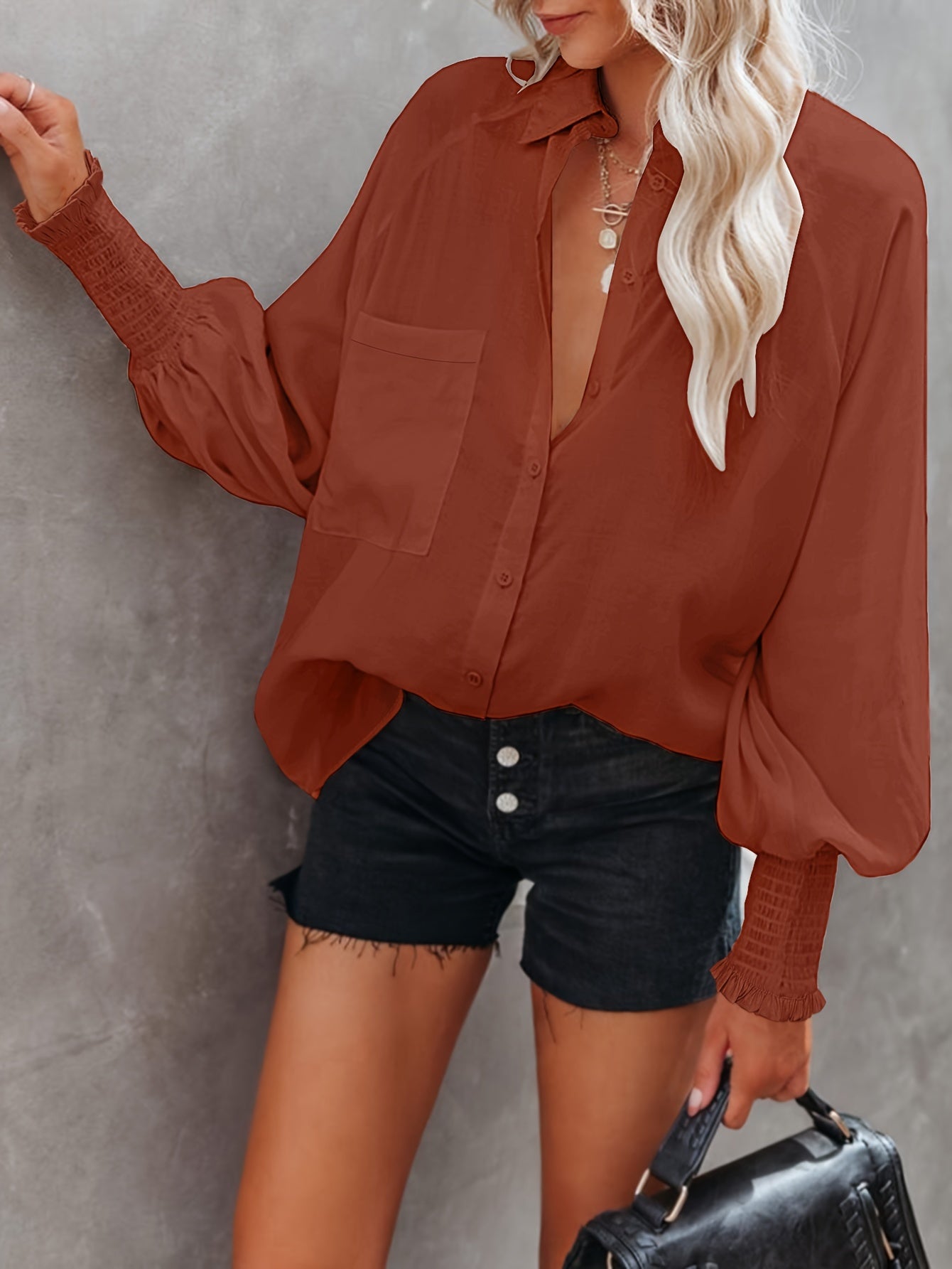 vlovelaw Button Front Pocket Shirred Shirt, Casual Lantern Sleeve Shirt For Spring & Fall, Women's Clothing