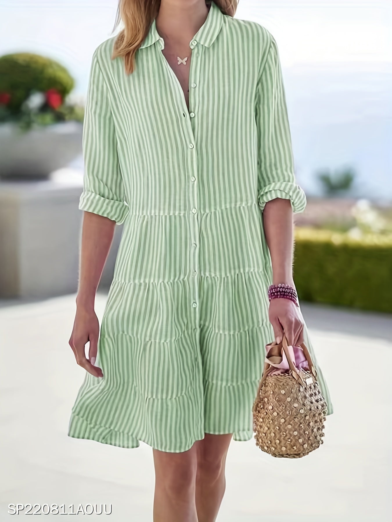vlovelaw Striped Ruffle Layered Hem Shirt Dress, Casual Button Long Sleeve Tiered Dress, Women's Clothing