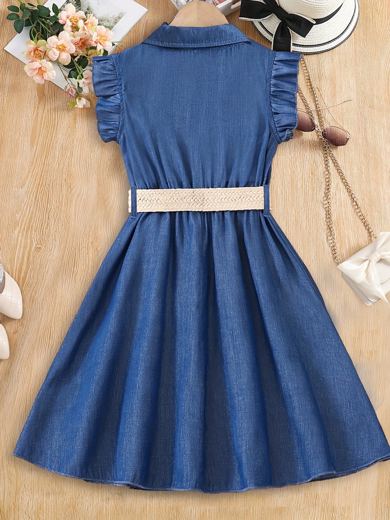 Girls Adorable Imitation Denim Frilled Sleeveless Dress - Chic Casual Style with Adjustable Belt for Trendy Little Fashionistas