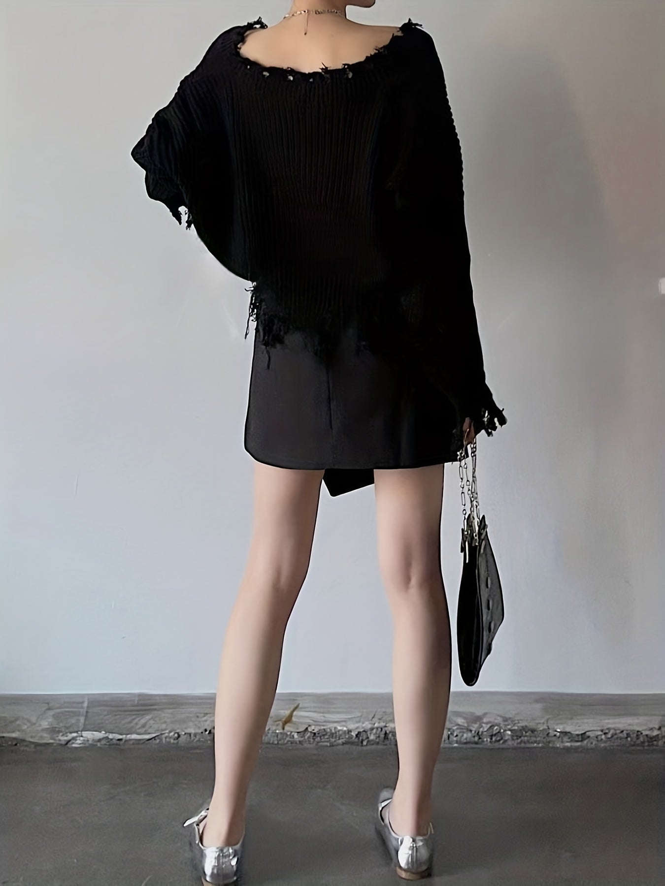 vlovelaw Vintage V Neck Ripped Knit Sweater, Elegant Long Sleeve Raw Hem Loose Sweater, Women's Clothing