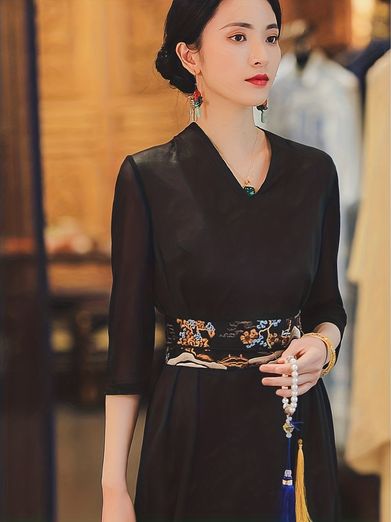 Chinese Style 3/4 Sleeve Dress, Vintage V Neck Slim Midi Dress, Women's Clothing
