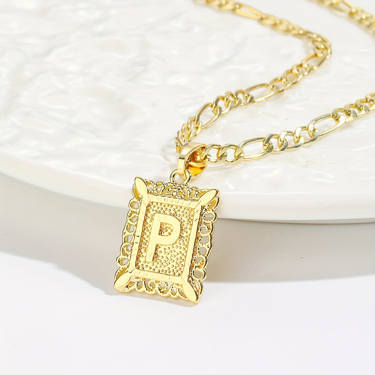18K Gold Plated Square Monogram Pendant Necklace - Fashionable Personalized Alphabet Letter A-Z Figaro Chain Necklace for Men and Women - Copper Material, No Magnetic, No Mosaic, Plating-Free, Stylish Jewelry for Any Occasion