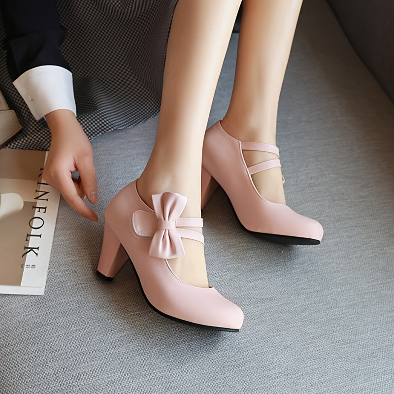 vlovelaw Women's Bow Decor Pumps, Elegant Solid Color Chunky High Heels, All-Match Uniform Dress Shoes