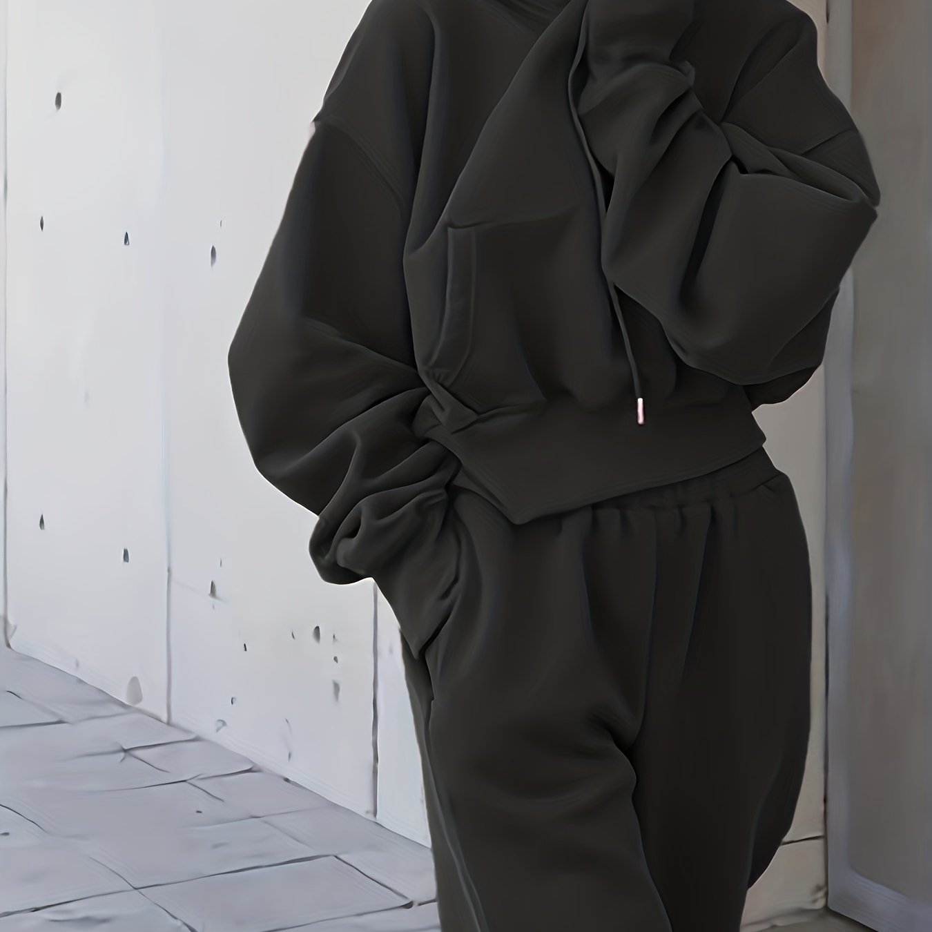 vlovelaw 2pcs Athleisure Set, Oversized Solid Hooded Pocket Drawstring Sweatshirts & Sweatpants Sets, Women's Clothing