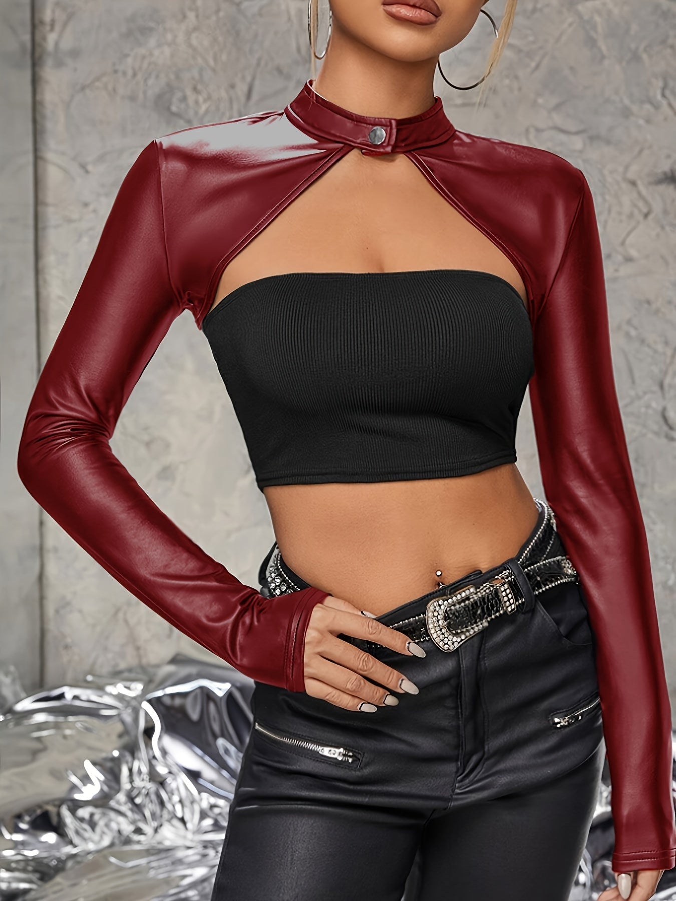 vlovelaw Solid Faux Leather Crop Top, Vintage Long Sleeve Crop Top For Spring & Fall, Women's Clothing