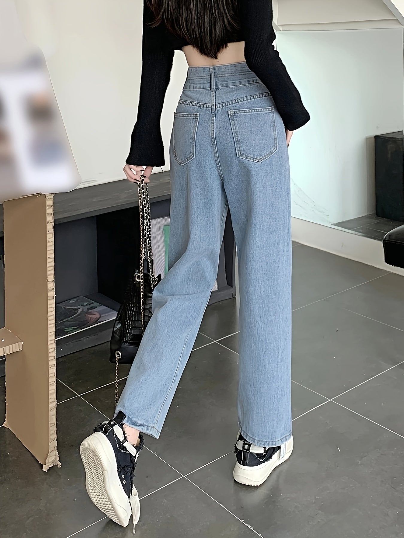 vlovelaw Double Buttons Plain Straight Leg Jeans, High Rise Loose Fit Washed Blue Denim Pants, Women's Denim Jeans & Clothing