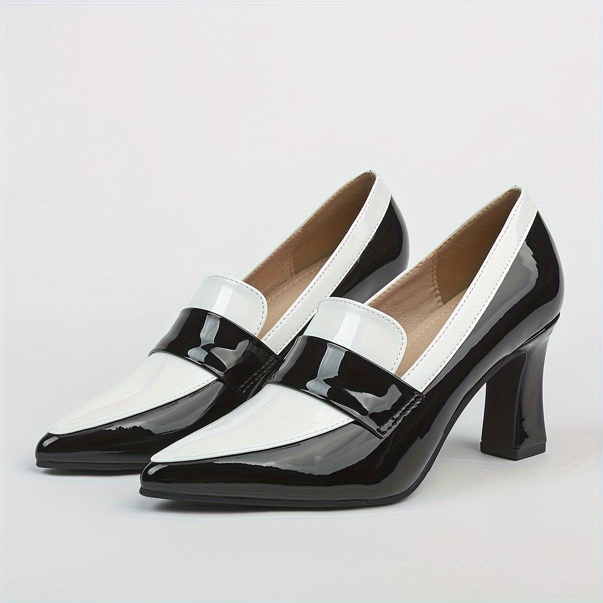 High Heel Womens Mary-Jane Colorblock Pumps - Water-Resistant, Soft Synthetic Leather Upper, Chunky Block Heel, Pointed Toe, Versatile Style for Fall - Glamorous and Comfortable Shoes for Middle East Fashion