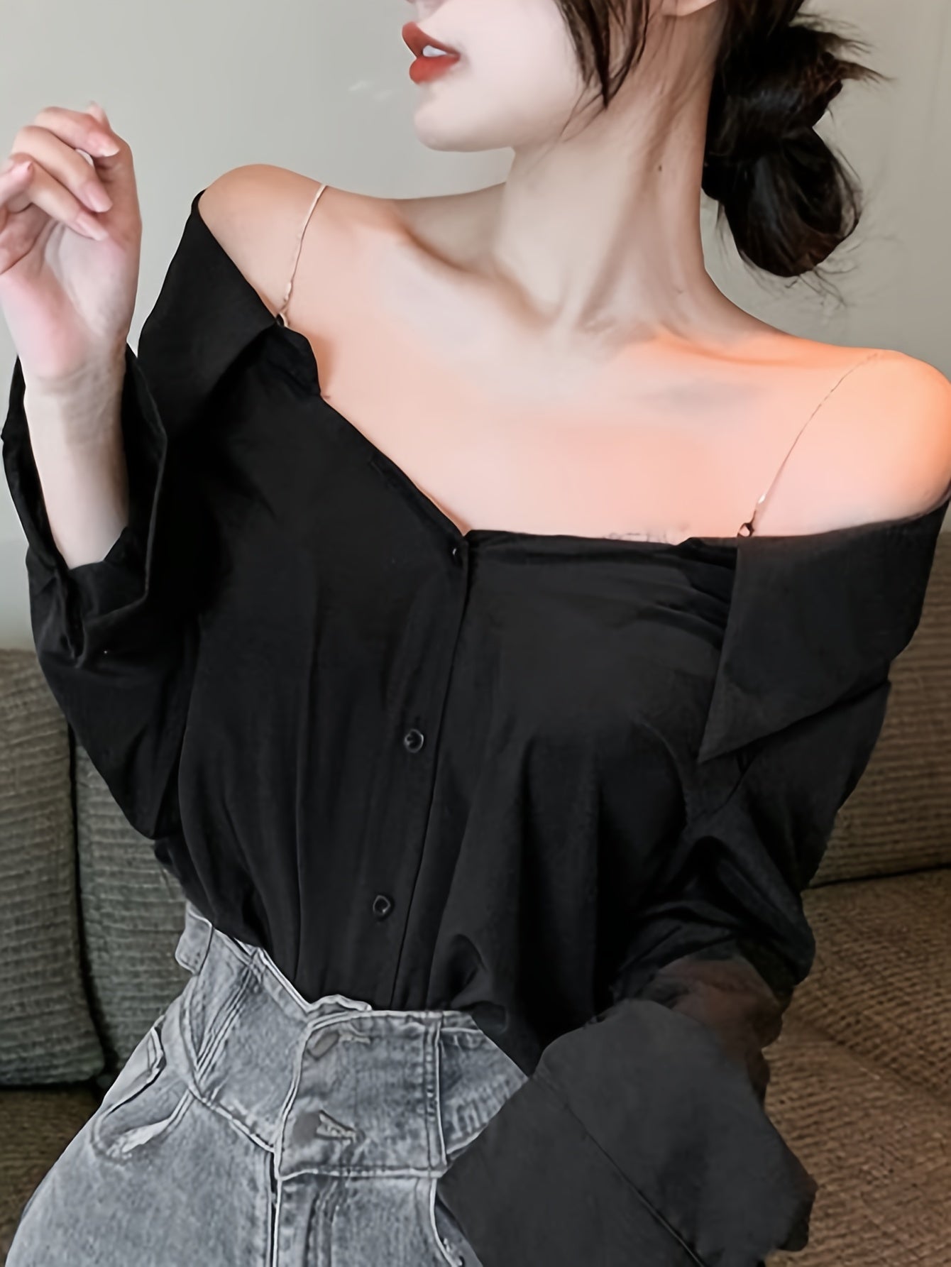 vlovelaw Solid Off Shoulder Button Front Blouse, Casual Long Sleeve Blouse For Spring & Fall, Women's Clothing