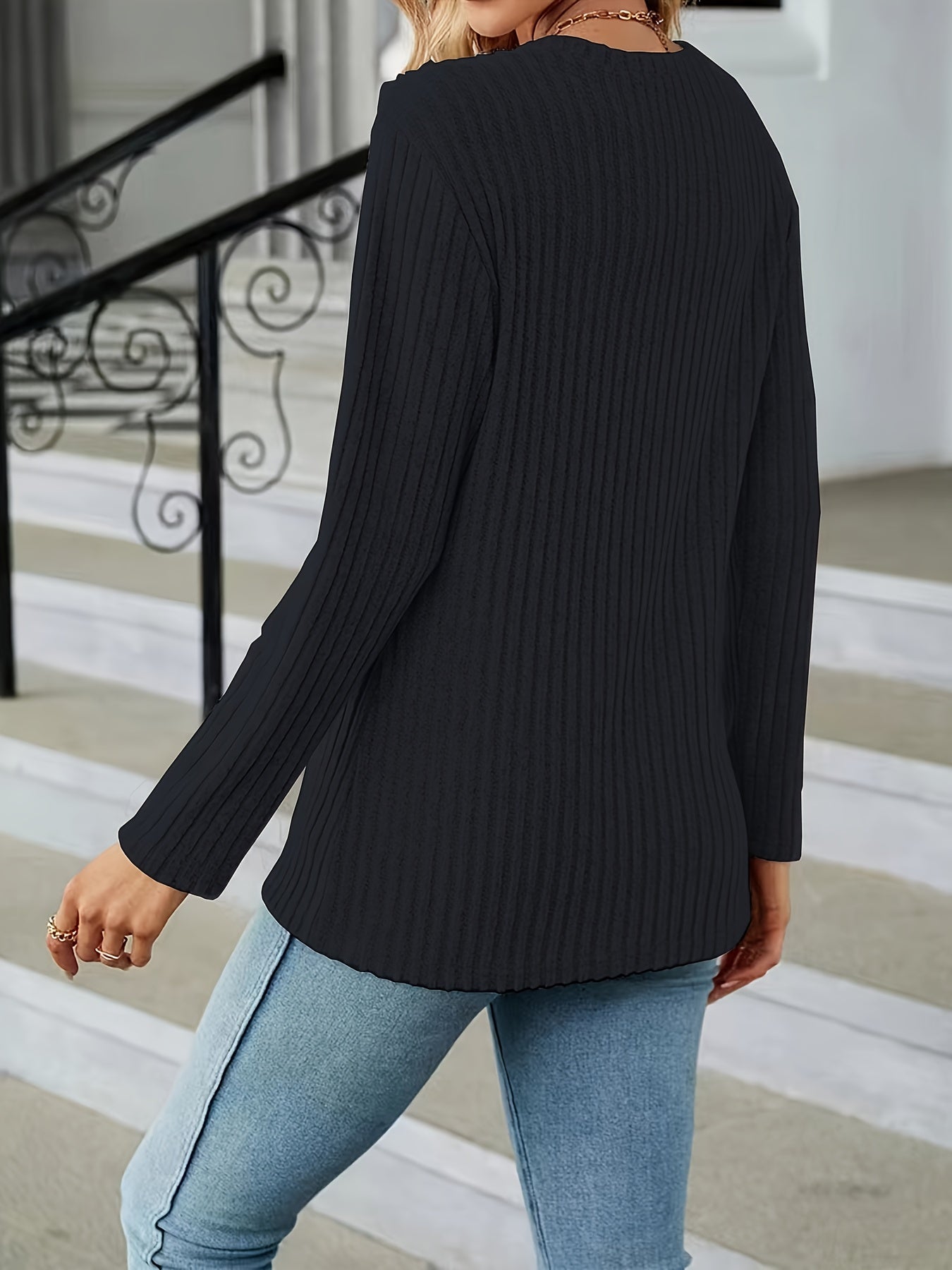 Plus Size Casual Top, Women's Plus Solid Ribbed Long Sleeve Round Neck Wrap Hem Medium Stretch Top