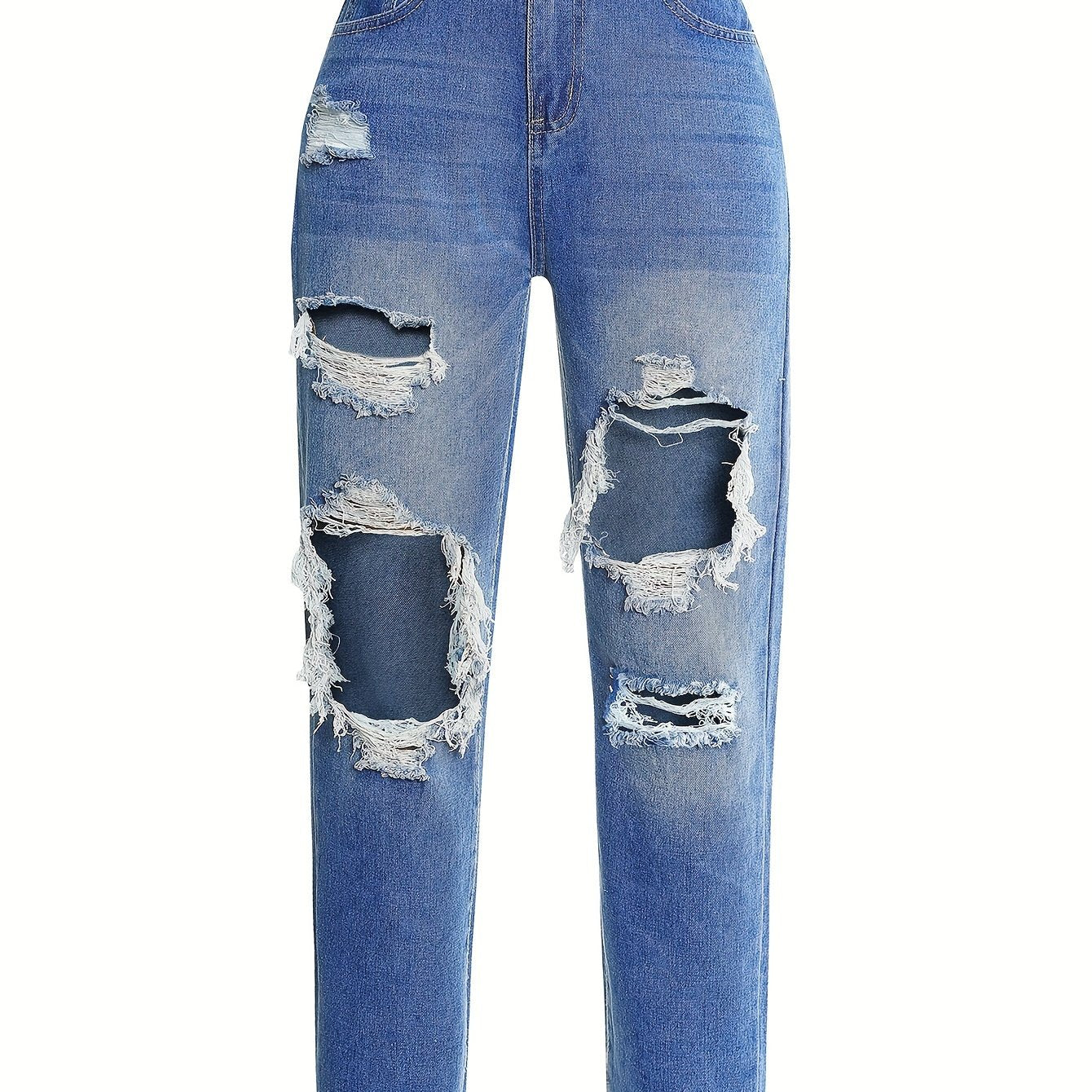 Blue Ripped Straight Jeans, Slash Pockets High Waist Distressed High Waist Denim Pants, Women's Denim Jeans & Clothing