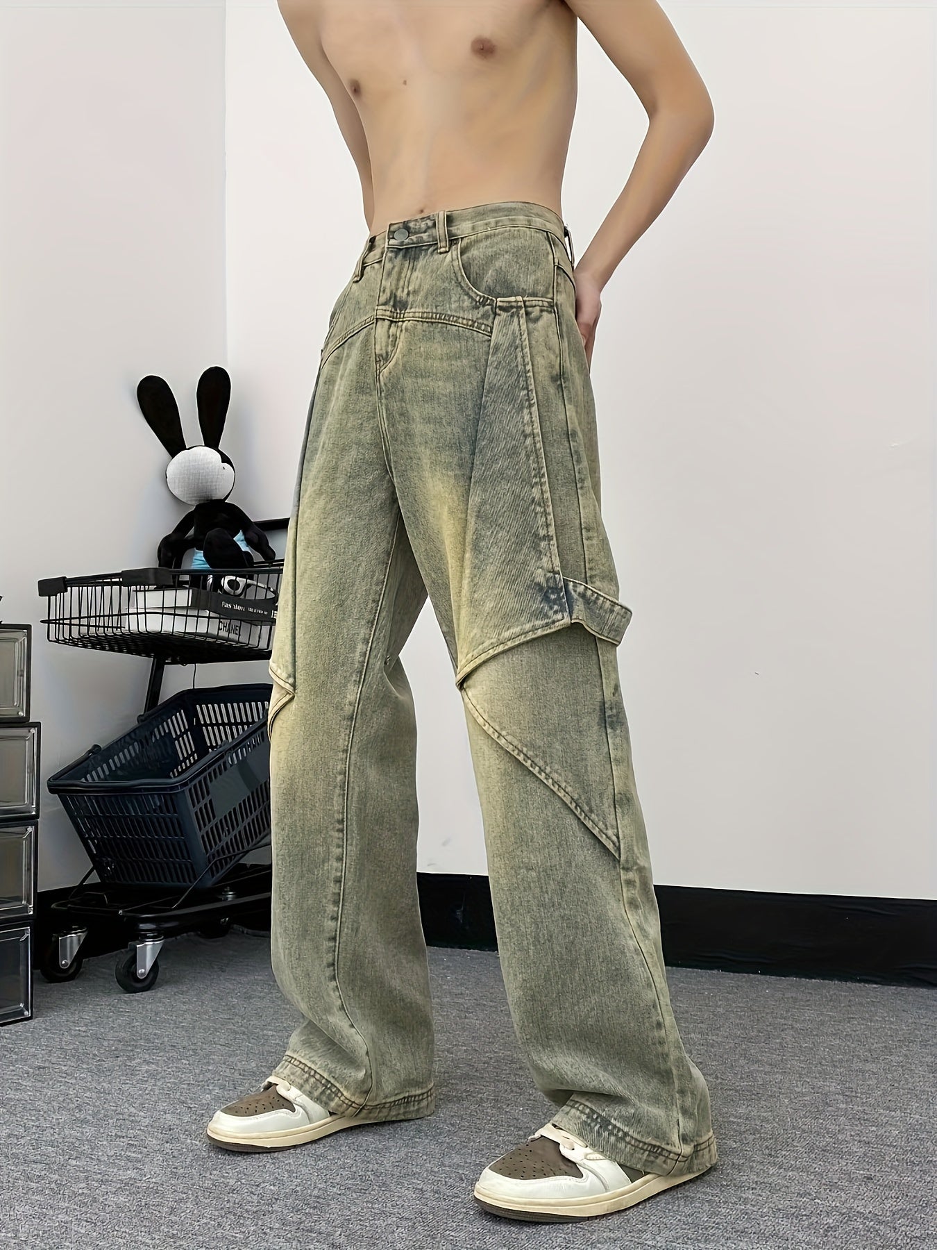 vlovelaw Loose Fit Vintage Style Denim Pants, Men's Casual Street Style Wide Leg Jeans