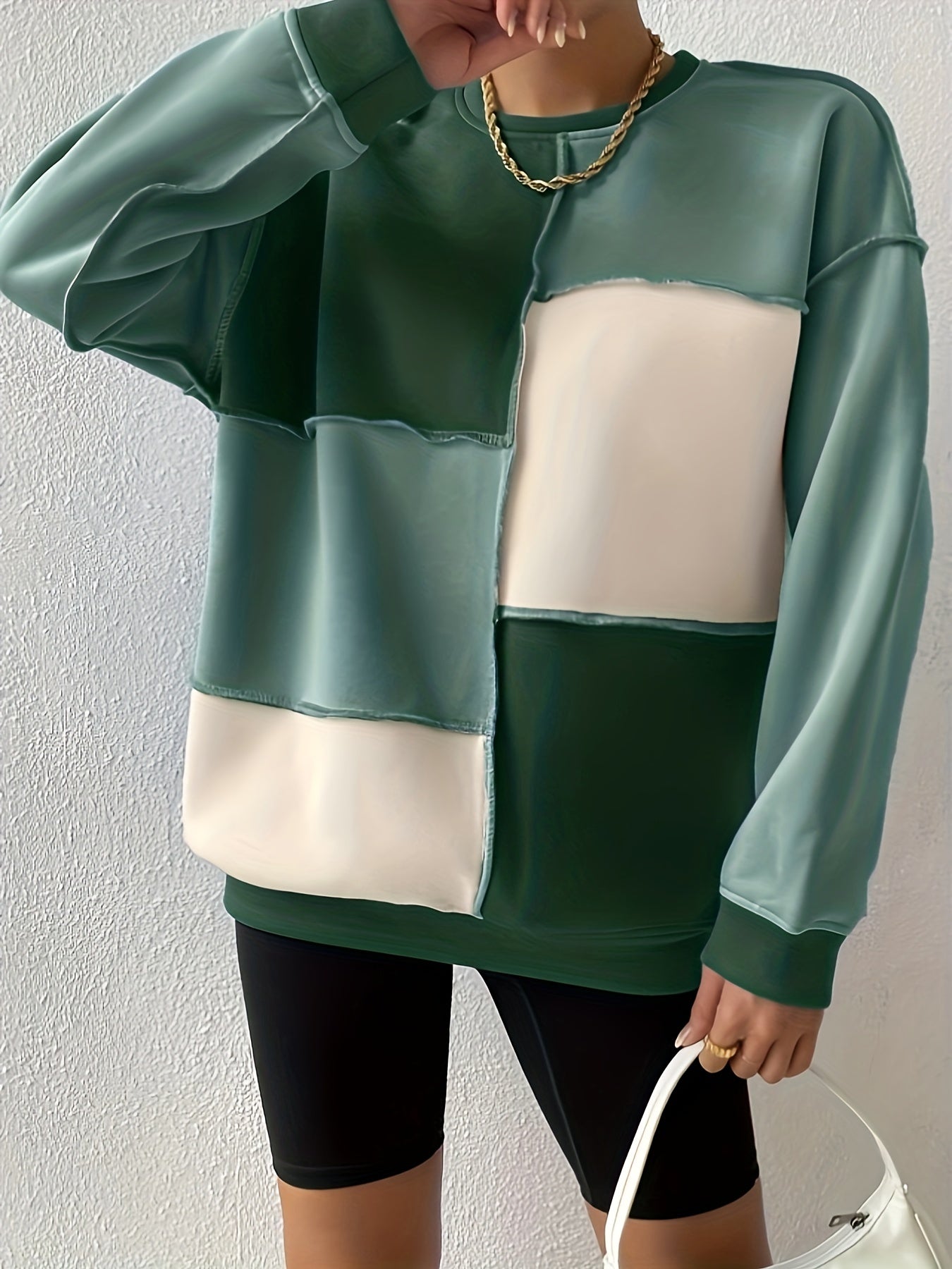 vlovelaw Plus Size Casual Sweatshirt, Women's Plus Colorblock Long Sleeve Round Neck Sweatshirt
