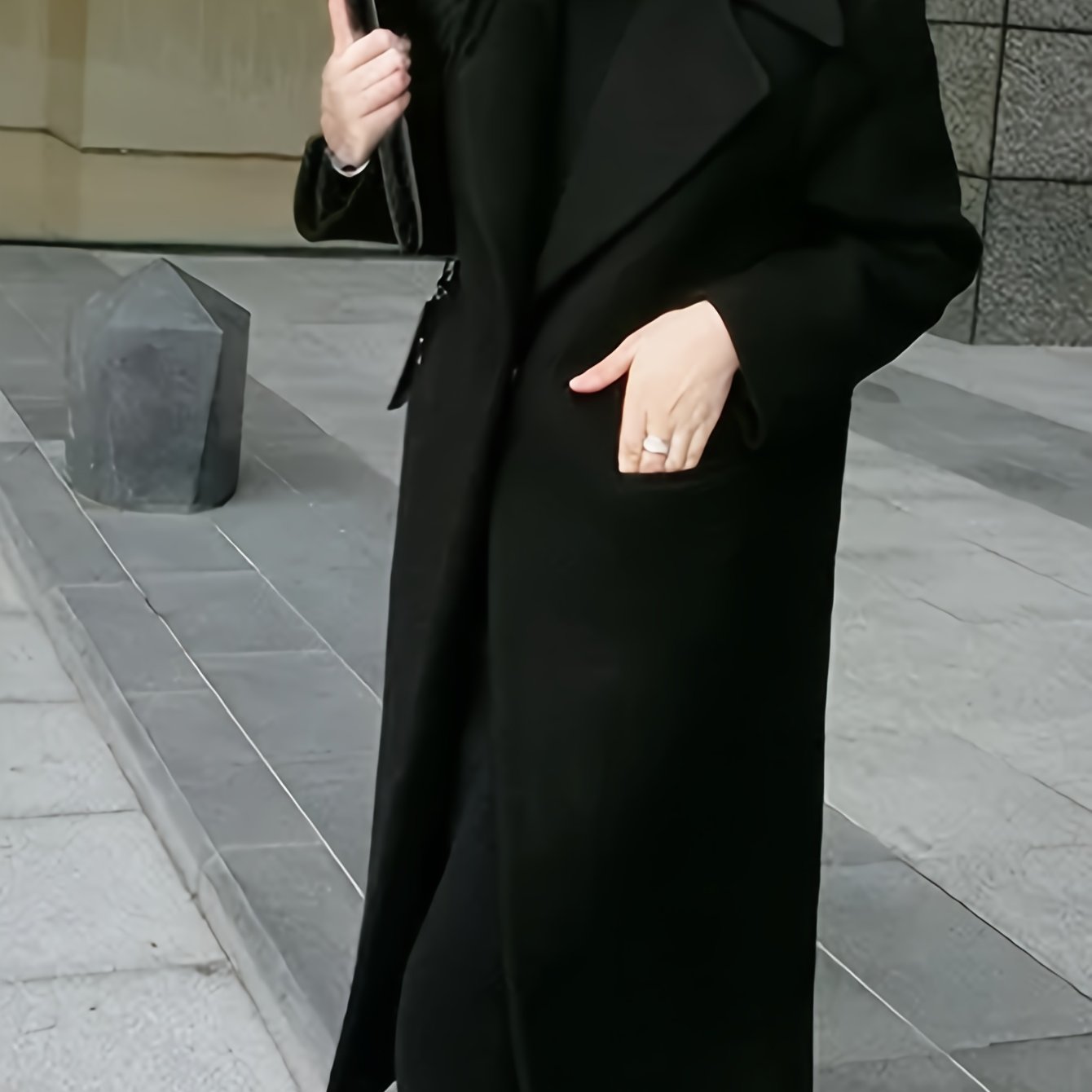 Solid Lapel Mid Length Overcoat, Elegant Long Sleeve Winter Outerwear, Women's Clothing