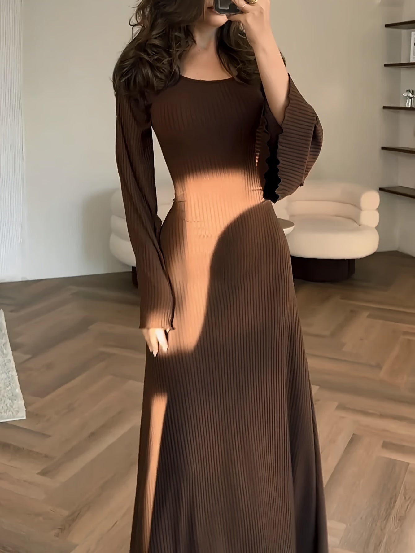 vlovelaw Plus Size Basic Dress, Women's Plus Solid Ribbed Bell Sleeve Round Neck Slight Stretch Dress