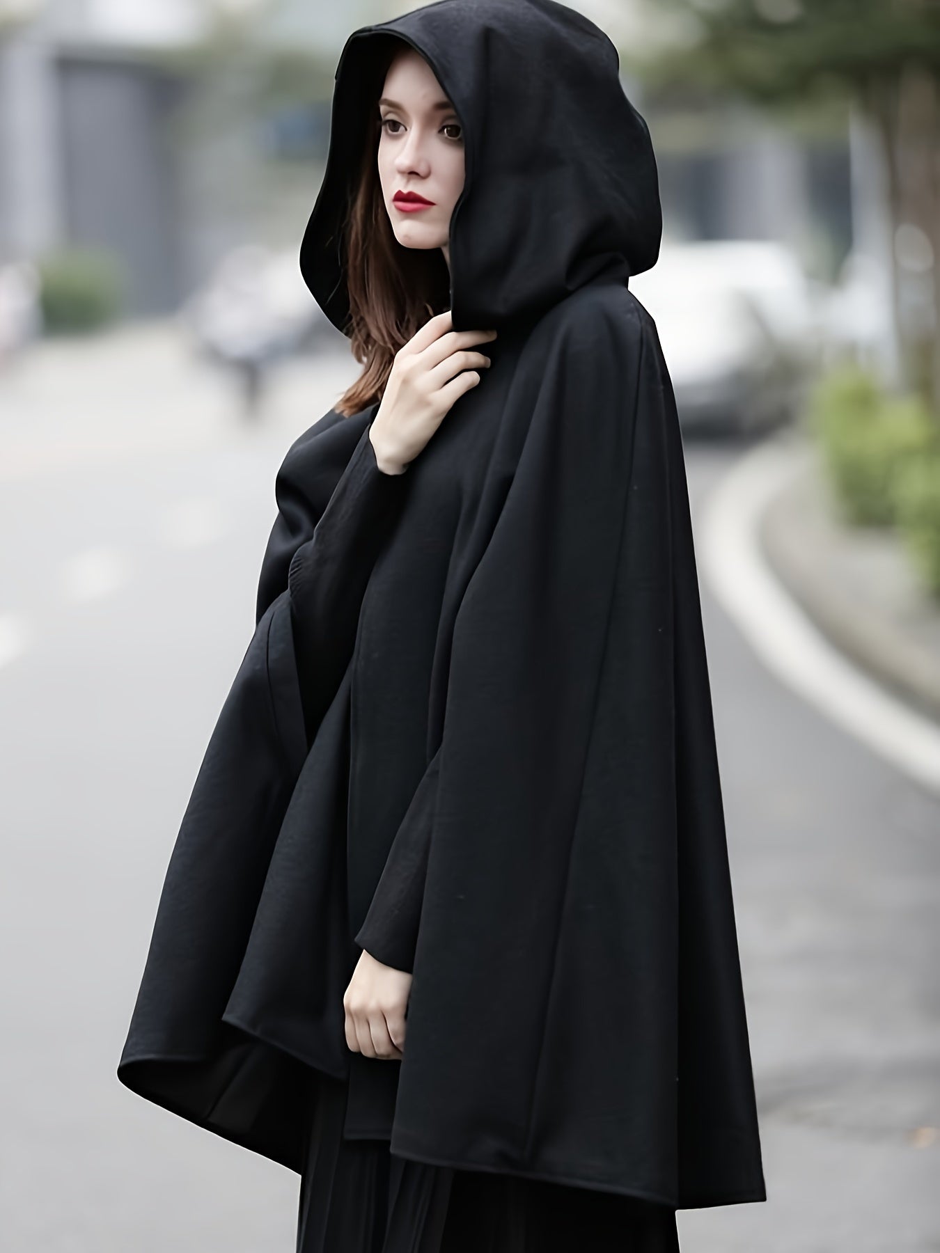 Plus Size Elegant Coat, Women's Plus Solid Split Cape Sleeve Button Detail Hooded Shawl Coat